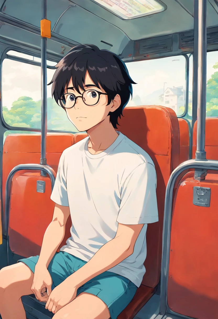 man with black hair, wearing eyeglasses, wearing white t-shirt, sitting in the bus, facing front