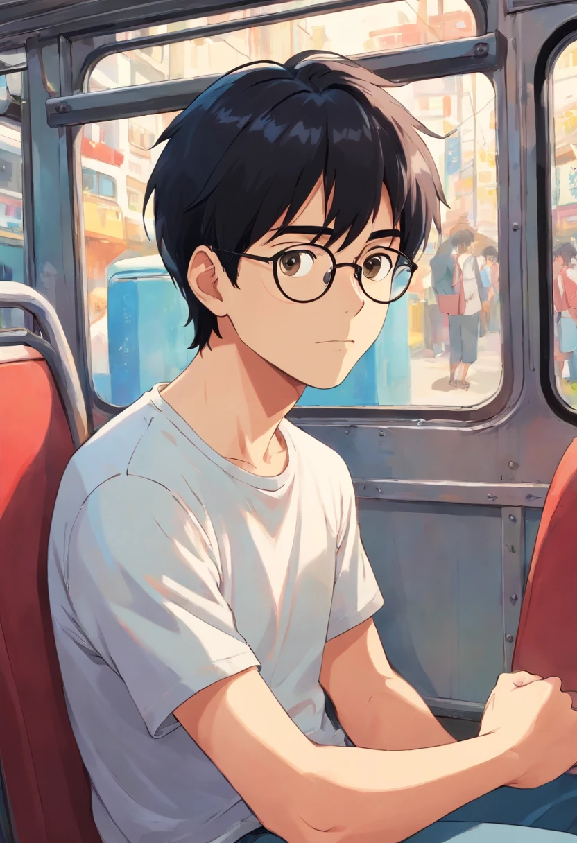 man with black hair, wearing eyeglasses, wearing white t-shirt, sitting in the bus, facing front