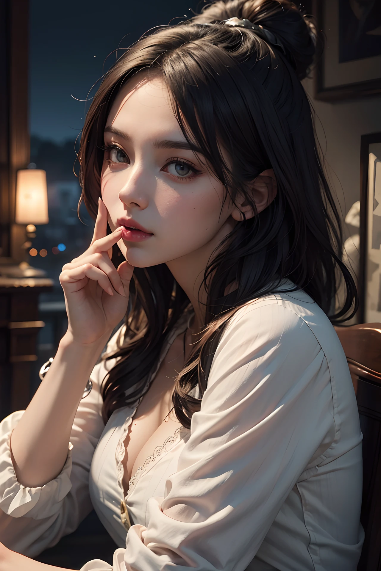 Masterpiece, best quality of a female witch hushing on lips, (index finger on mouth:1.21), night time, detailed beautiful hazel eyes, detailed gorgeous face, (frame the head), perfect anatomy, very cute, dynamic pose, perfect shading, dramatic lighting, The artwork should be centered, stylized and elaborate, rendered in 8K resolution for high-quality detail, trending on artstation, mix of bold dark lines and loose lines, concept art, smooth, sharp focus, illustration, highly detailed, soft natural volumetric, cinematic perfect light, intricate details,