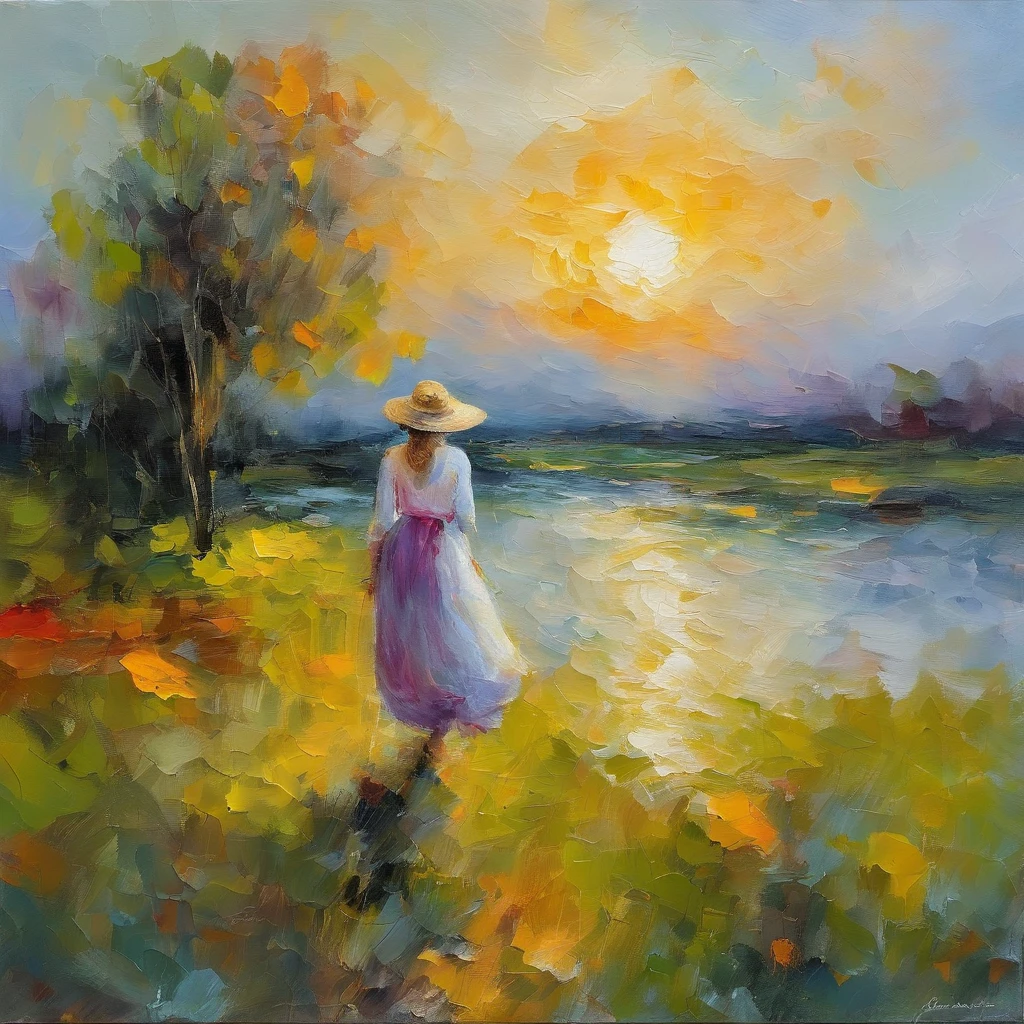 tmasterpiece、top-quality、Morning、stroll。doggy、1girl in、Cloud Girl、floating in sky、closeup cleavage、with light glowing、blissful、Fresh morning sun、(Spark:0.7) 、stroll、Landscapes
