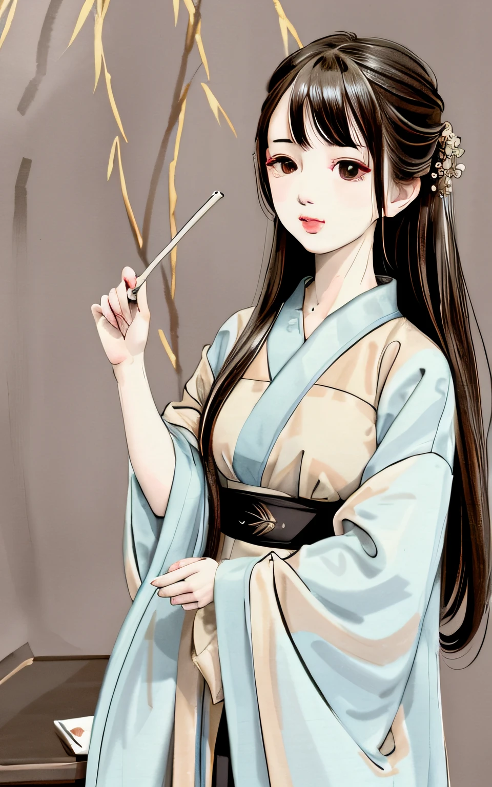 shukezouma, negative space, , shuimobysim , portrait of a woman standing , willow branches, (masterpiece, best quality:1.2), traditional chinese ink painting, modelshoot style, peaceful, (smile), looking at viewer, wearing long hanfu, hanfu, song, willow tree in background, wuchangshuo,