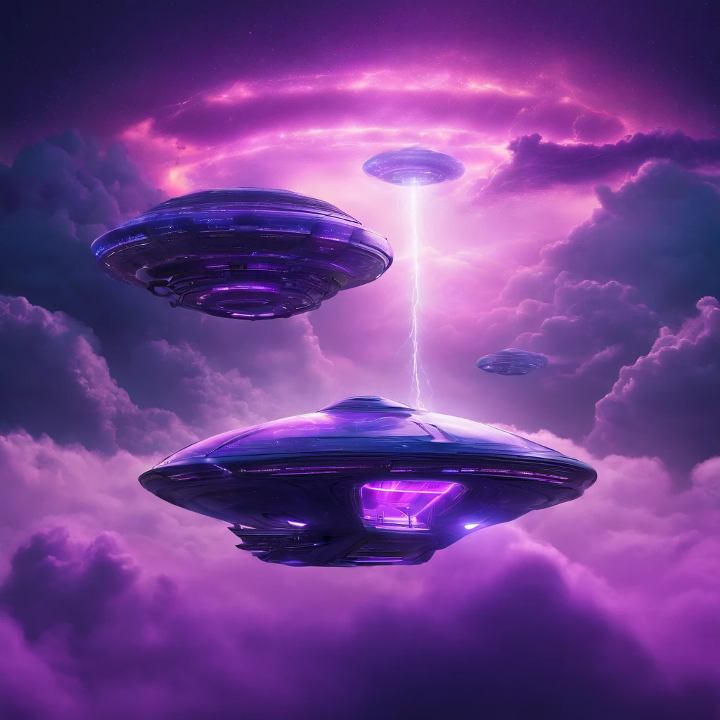 Futuristic alien ship flying above the clouds, Dark sky, purple lighting, rain,Lightning, Ultra photo realsisim, Highly detailed,8K
