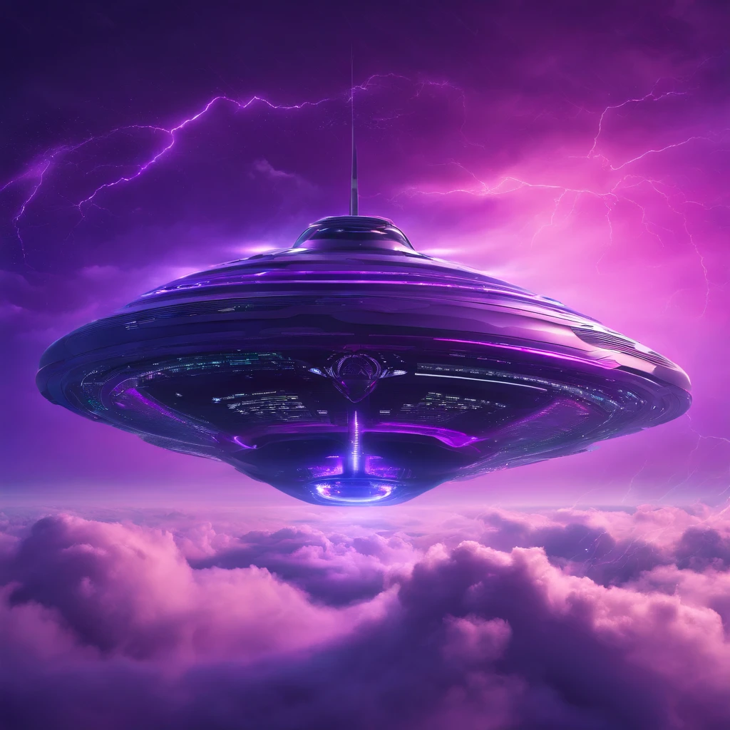 Futuristic alien ship flying above the clouds, Dark sky, purple lighting, rain,Lightning, Ultra photo realsisim, Highly detailed,8K