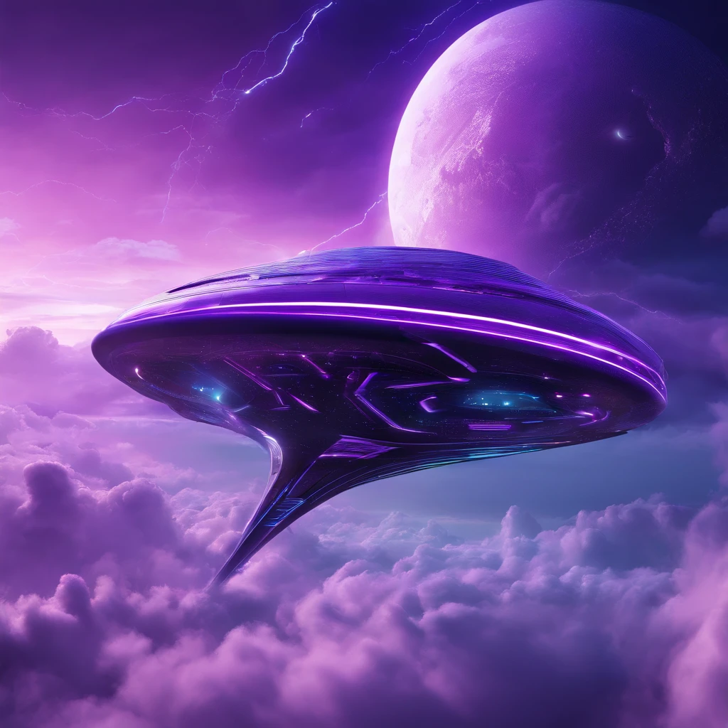 Futuristic alien ship flying above the clouds, Dark sky, purple lighting, rain,Lightning, Ultra photo realsisim, Highly detailed,8K