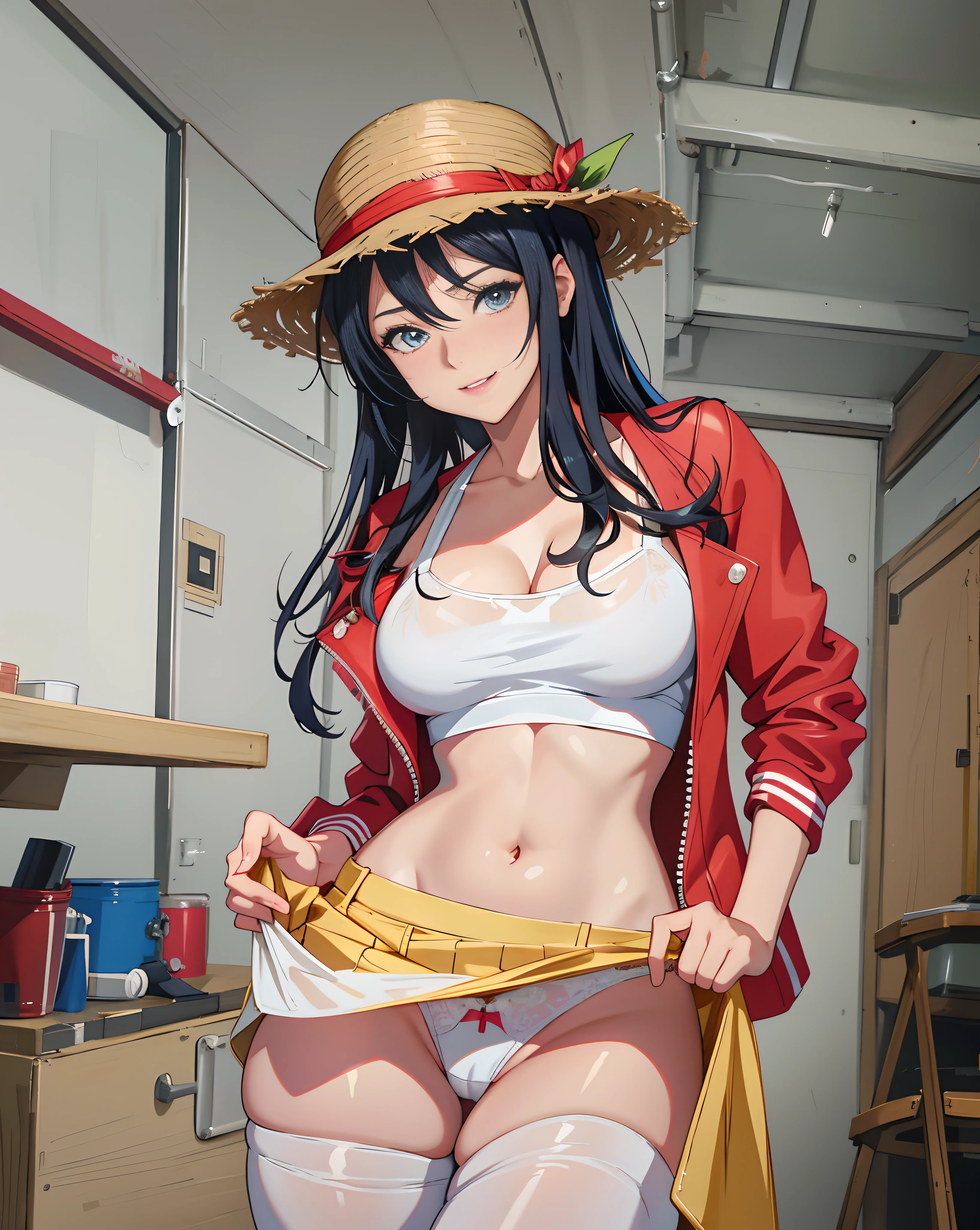 anime girl in a red jacket and white top with a yellow belt, seductive anime girl, anime best girl, with straw hat, asuka suit under clothes!, nico robin, by Kentaro Miura, [ 4 k digital art ]!!, painted in anime painter studio, attractive anime girl, hq artwork, revealing clothes, from one piece, touching her clothes,((masterpiece)),((best quality)),((ultra-detailed)),(8k),((wallpaper)),((extremely detailed cg)),(RAW photo:1.2),beautiful,,mid breasts,sexy smile,lovely eyes,,shiny skin, shiny body,(((vagina marked by panty))),Perfect eyes, detailed eyes,Nice eyes,lewd laugh, naughty laugh, sexy white lingerie