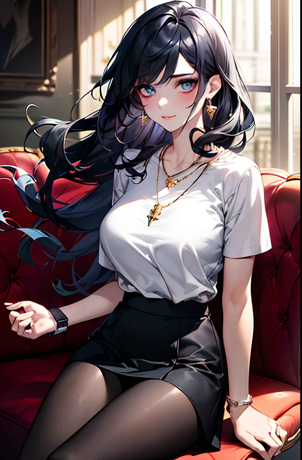 (best qualtiy,8K,tmasterpiece),1boys,(Eye 1:1,Clear eyes,Elaborate Eyes,Delicate pupils,Details of the eyes,good eyes),In black suit,Face focus,Adults,best qualtiy,detail in face,Sit in the room,sitting in the couch,细致背景,Diffused sunlight,depth of fields,Background bokeh for optimal light,Best shadow,电影灯光,(realskin),Ray traching,Unreal Engine 5,Reflective skin,Digital illustration,Game CG characters,(Body edge lighting,Colored light sources are around),There is wind blowing hair,Looking into the distance early in the morning,Black color hair,(best qualtiy,8K,tmasterpiece),(Sit inside the room,sitting in the couch,Capture),(A pretty maiden,having fun,cabelos preto e longos,Long messy hair,curlies,Huge eyes:1.3,Long eyelashes,Delicate makeup:1.4,Sexy lips,Blushlush),(Exquisite watches,Reflective necklace,Bulgari's earrings,Bulgari's ring),(Sit inside the room,sitting in the couch,Capture),(Fashionable outfits,dressed in a white t-shirt),(middle breasts,endure),(Black oily transparent pantyhose),(Black hip skirt),Light ripe,Royal Sister,Best light,Best shadow,电影灯光,28 years old,1girll,Need,(realskin,Supple skin)Ray traching,Unreal Engine 5,Reflective skin,Digital illustration,Game CG characters,super model,(kpop,heartthrob),(Body edge lighting,Colored light sources are around),There is wind blowing hair,Looking into the distance