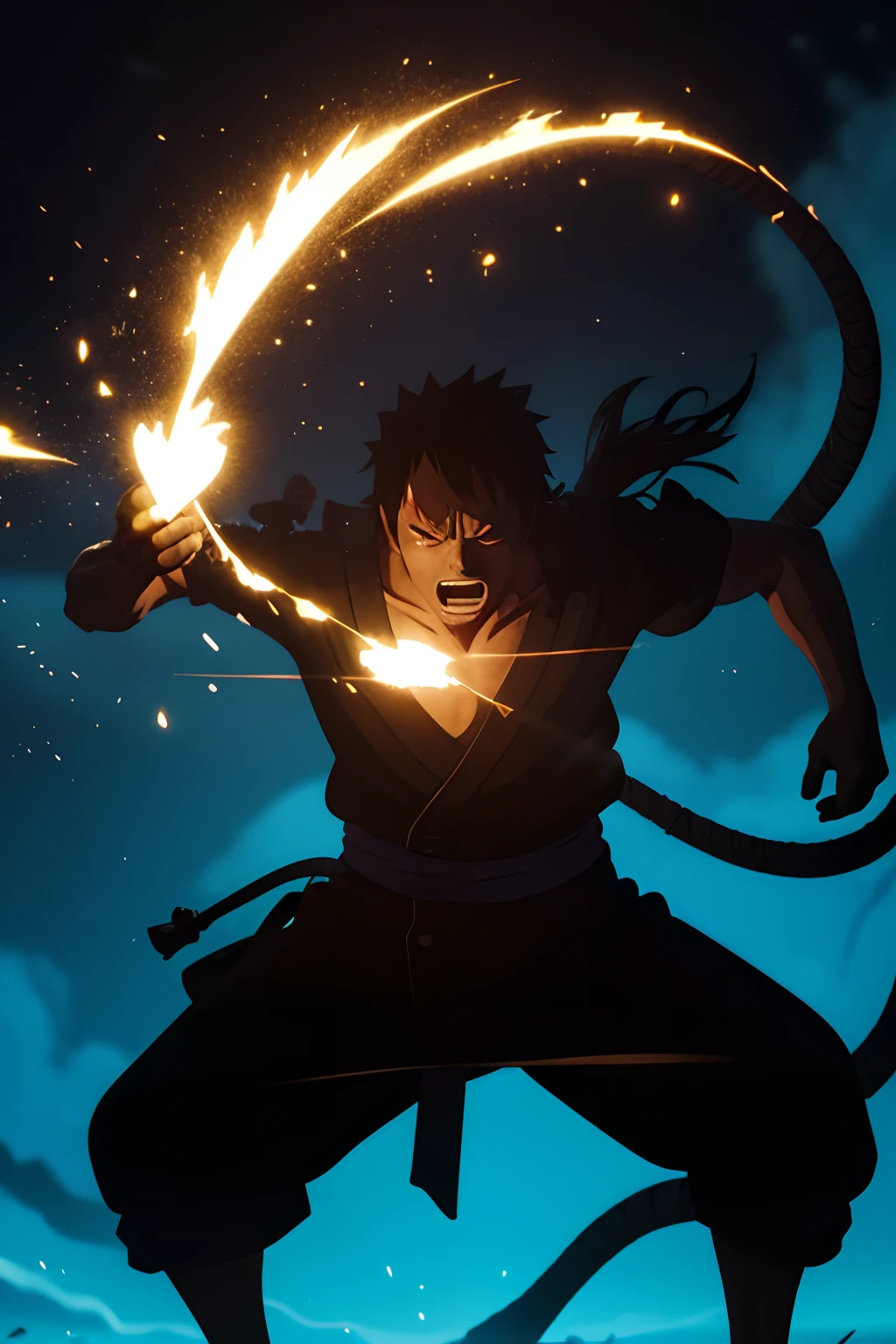 1 boy, Monkey D Rufi Fighting (rubbery-looking body), One piece, 1 giant Japan of blue dragon, Eiichiro Oda Style, Full body, Dynamic Pose, Ancient ruins, loimu, Spark, Lightning, wanostyle, masutepiece, intricate-detail, hyper realisitic, Cinematic, 8 K, Perfect composition, High contrast, hight resolution, unreal enginee 5