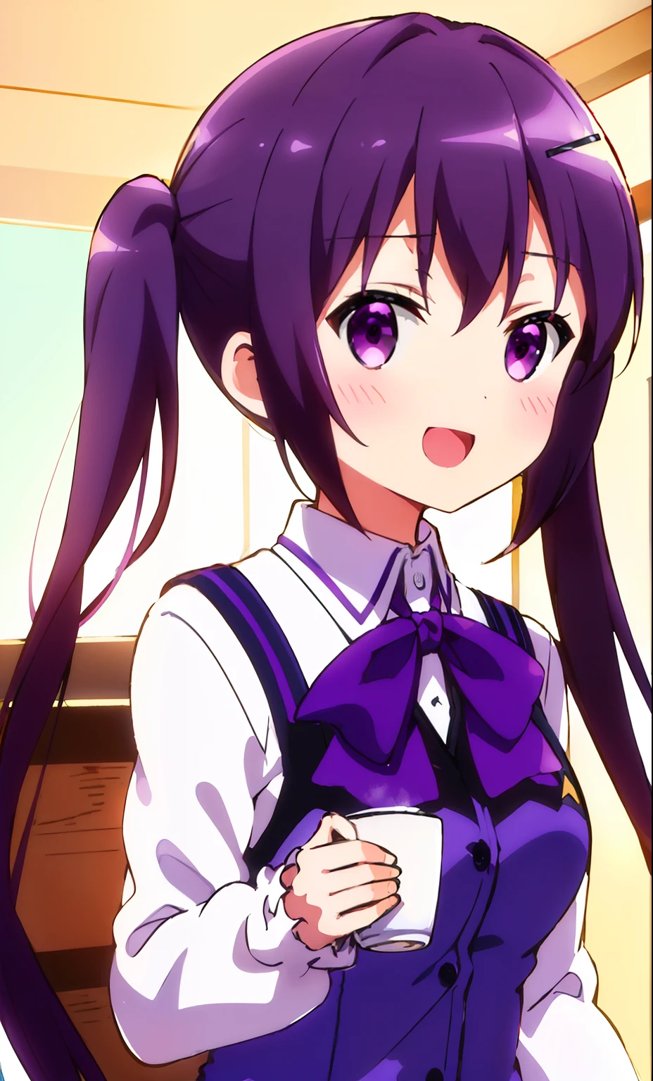 ((((ultra illustrated style:1.0)))),best quality,best animated,masterpiece,,ray tracing, global illumination,1girl, solo,upper body, looking at viewer,cafe, twintails,open mouth,rabbit house uniform,smile, collared shirt, shirt, white shirt, purple vest, purple bow, bow, vest, hair ornament, hairclip, long sleeves, purple bowtie, bowtie, wing collar, buttons, Holding a cup of coffee in hand,