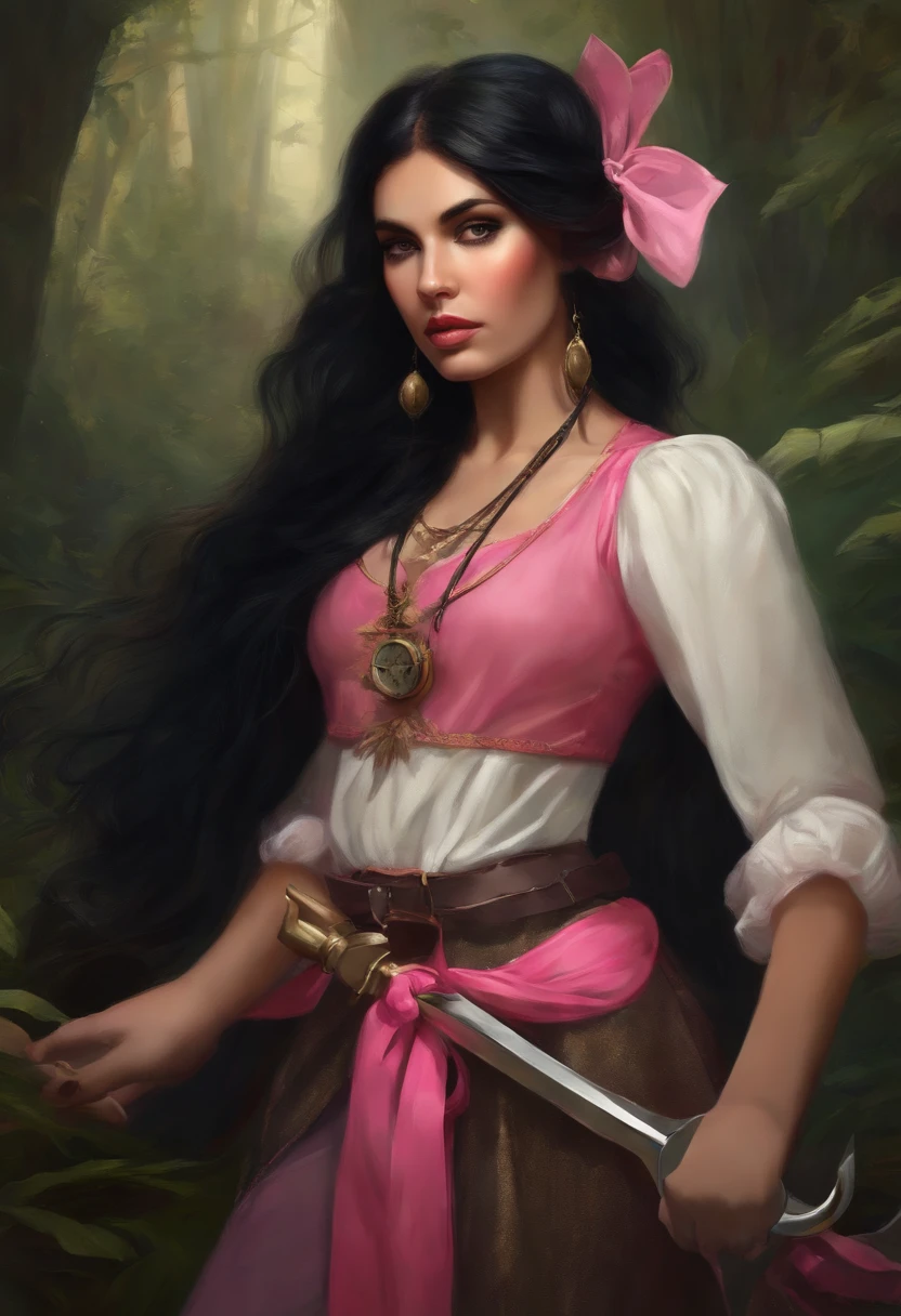 Koraki, surrealist, rescue, Hilma Aveclint style, Girl with long straight black hair, Pink bow headband, Left-handed compass, spear,