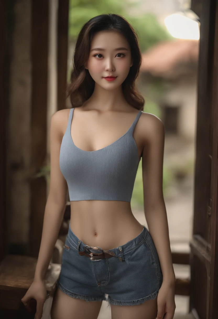 (Reality:1.5), fantasy art, photo realistic, dynamic lighting, artstation, poster, volumetric lighting, very detailed faces, 4k, award-winning, 1girl, fair skin, smile, blush, tank top, hot pants, holes