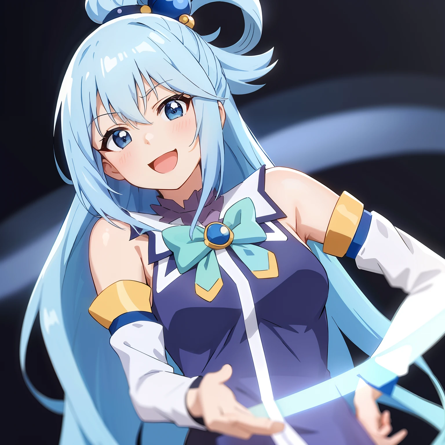 ,anime screencap,anime coloring,
1girl, long hair, solo,open mouth,smile,upper body,head tilt, blue hair, blue eyes, detached sleeves, black background, hair ornament,simple background, bare shoulders, single hair ring,green bow, looking at viewer, blue shirt,