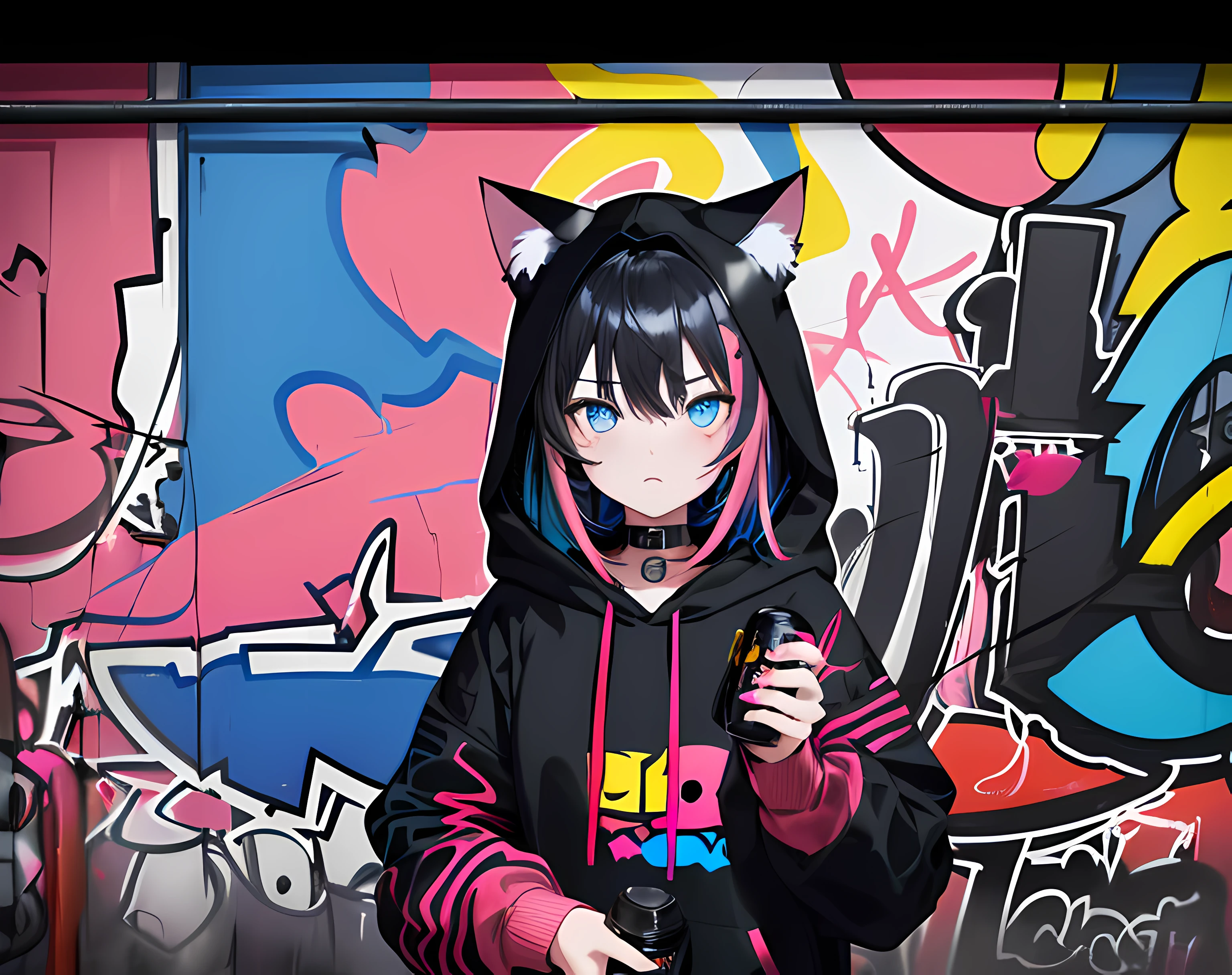 (best quality, masterpiece), (1girl, solo, cat ear black hood, standing, blue eyes, black hair, leaning, upper body), (less light, red blue pink yellow room, red blue pink yellow graffiti behind, disorderly spray cans)