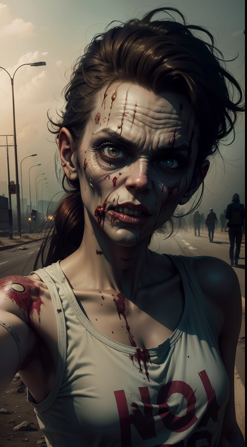 Zombie taking selfie on earth, high pollution, global warming, HD, 8k,