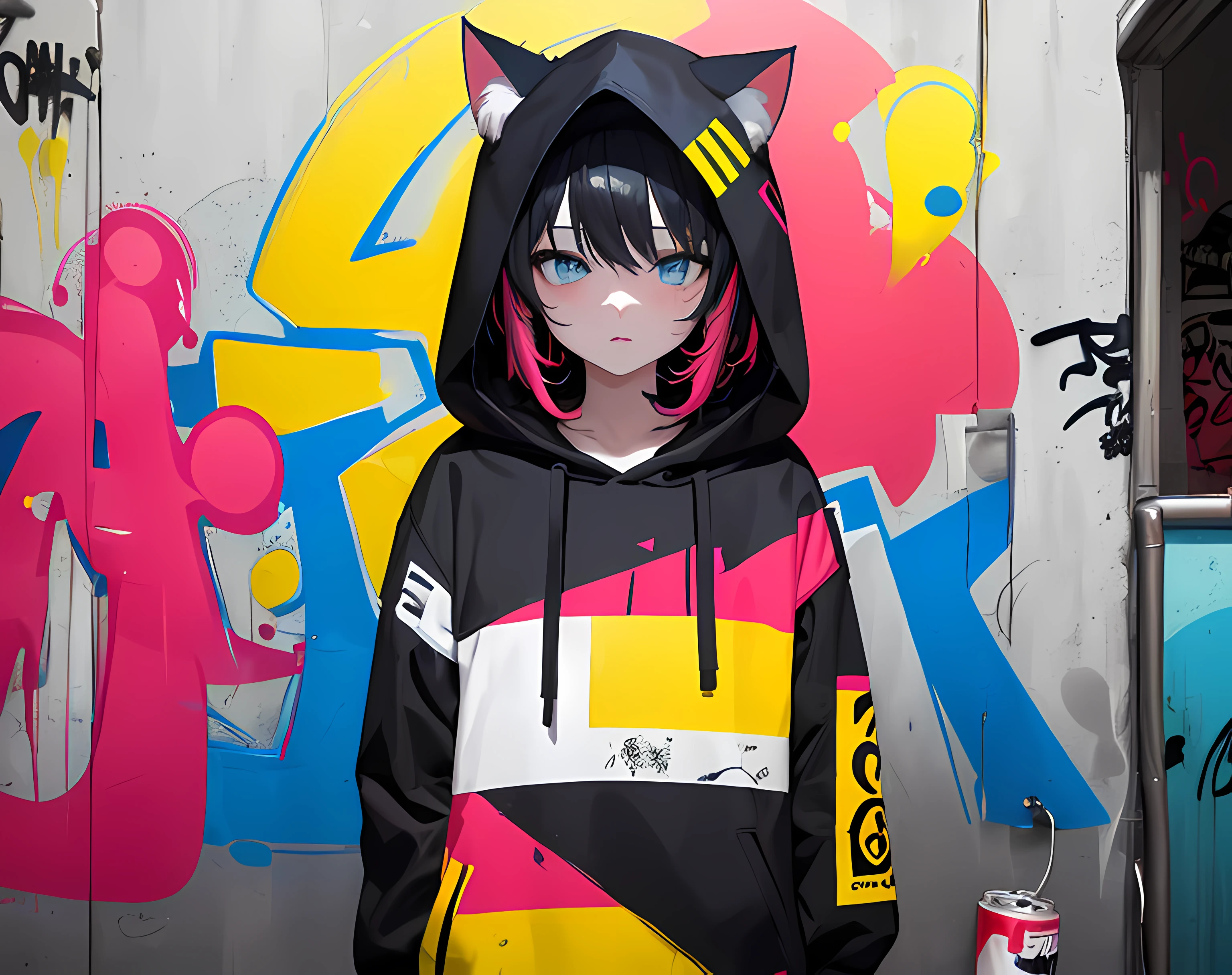 (best quality, masterpiece), (1girl, solo, cat ear black hood, standing, blue eyes, black hair, leaning, upper body), (less light, red blue pink yellow room, red blue pink yellow graffiti behind, disorderly spray cans)