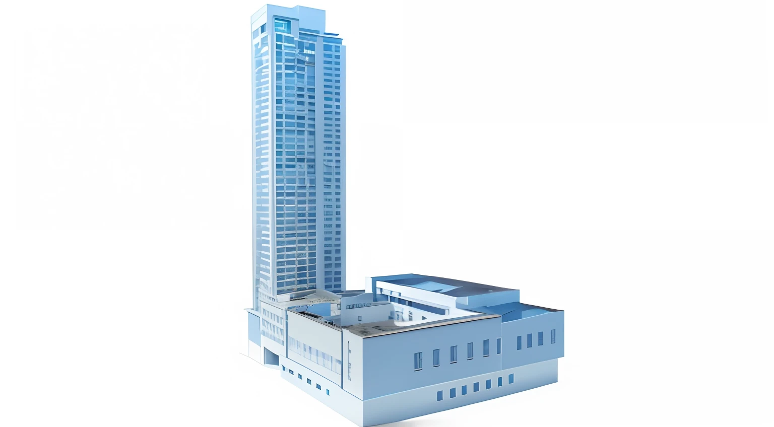 High-rise image of sky blue façade, center model buildings, digital model, architectural model, an extremely detailed building, realistic building, full building, the building is a skyscraper, multistory building, detailed model, Single building, full - view, from street level, Tall building, highly detailed model, cinematic architectural scale, hq render,The building is a multi-storey building，The lower floor of the building is a large shopping mall