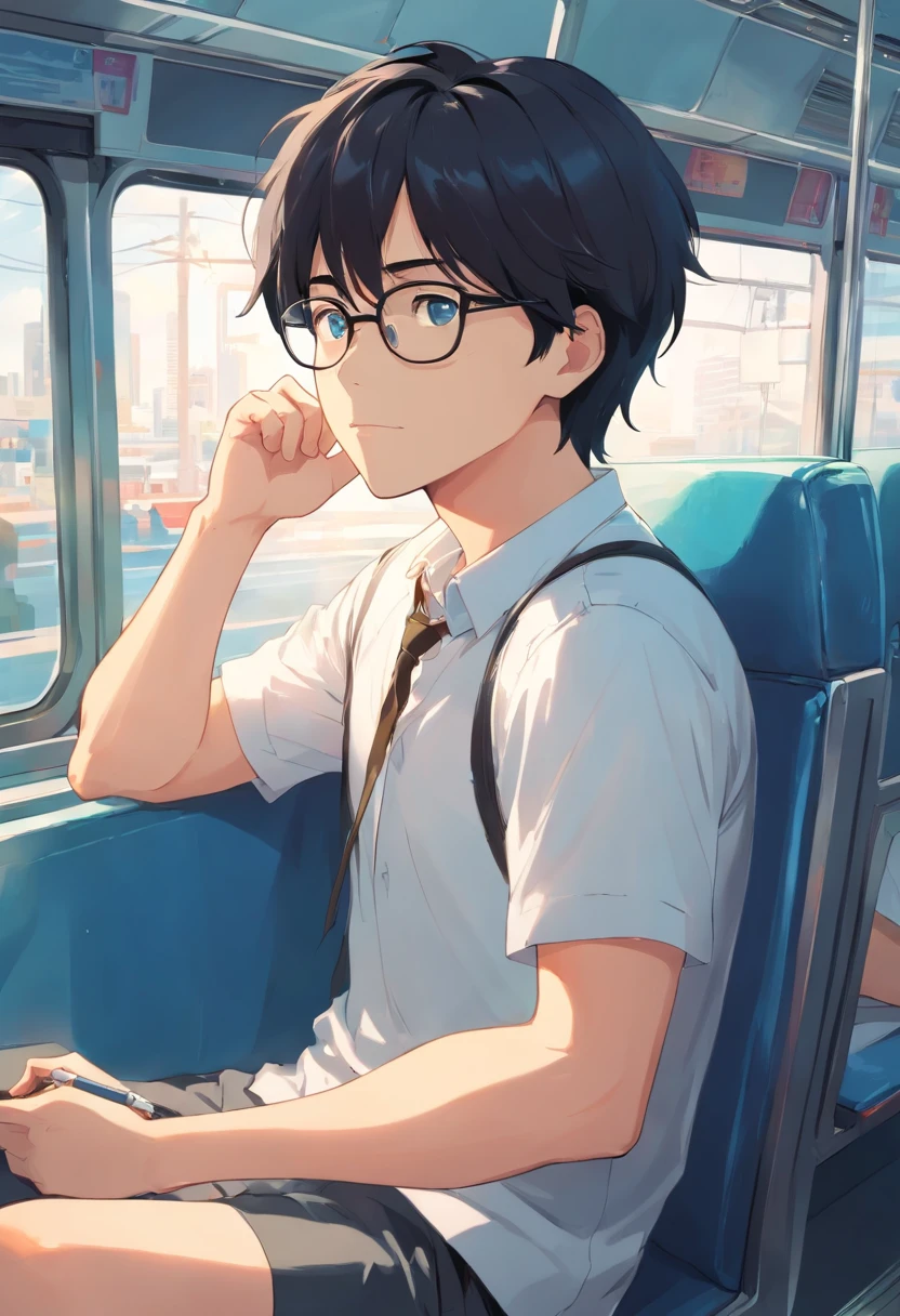 man with black hair, wearing eyeglasses, sitting in the bus, facing in front, wearing white shirt