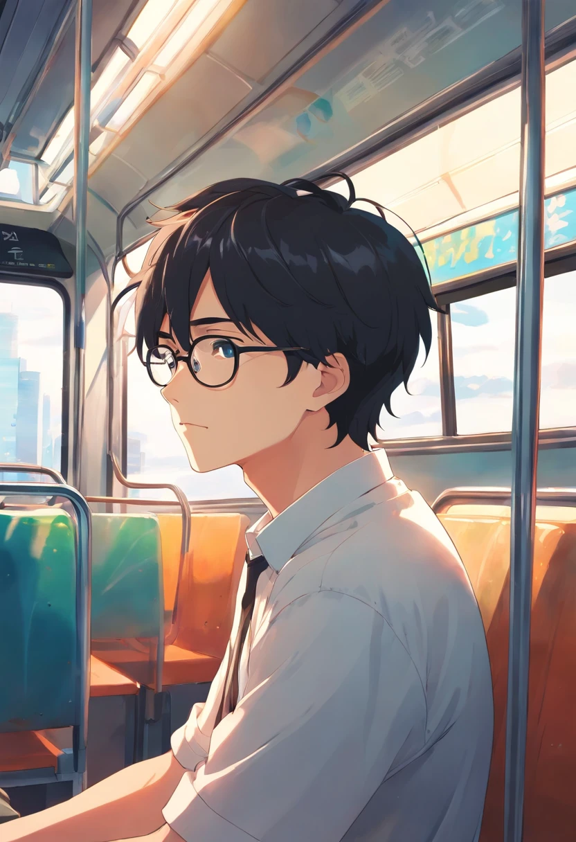 man with black hair, wearing eyeglasses, sitting in the bus, facing in front, wearing white shirt