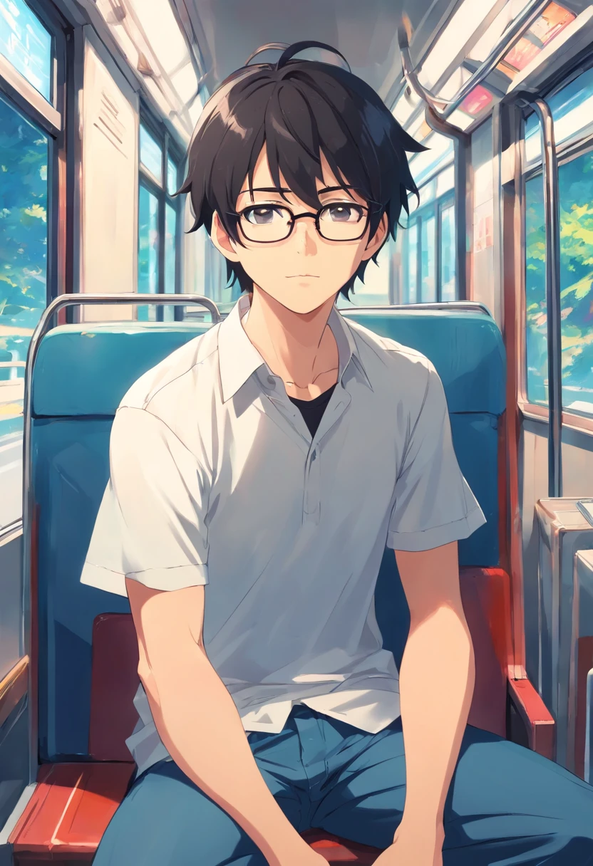 man with black hair, wearing eyeglasses, sitting in the bus, facing in front, wearing white shirt
