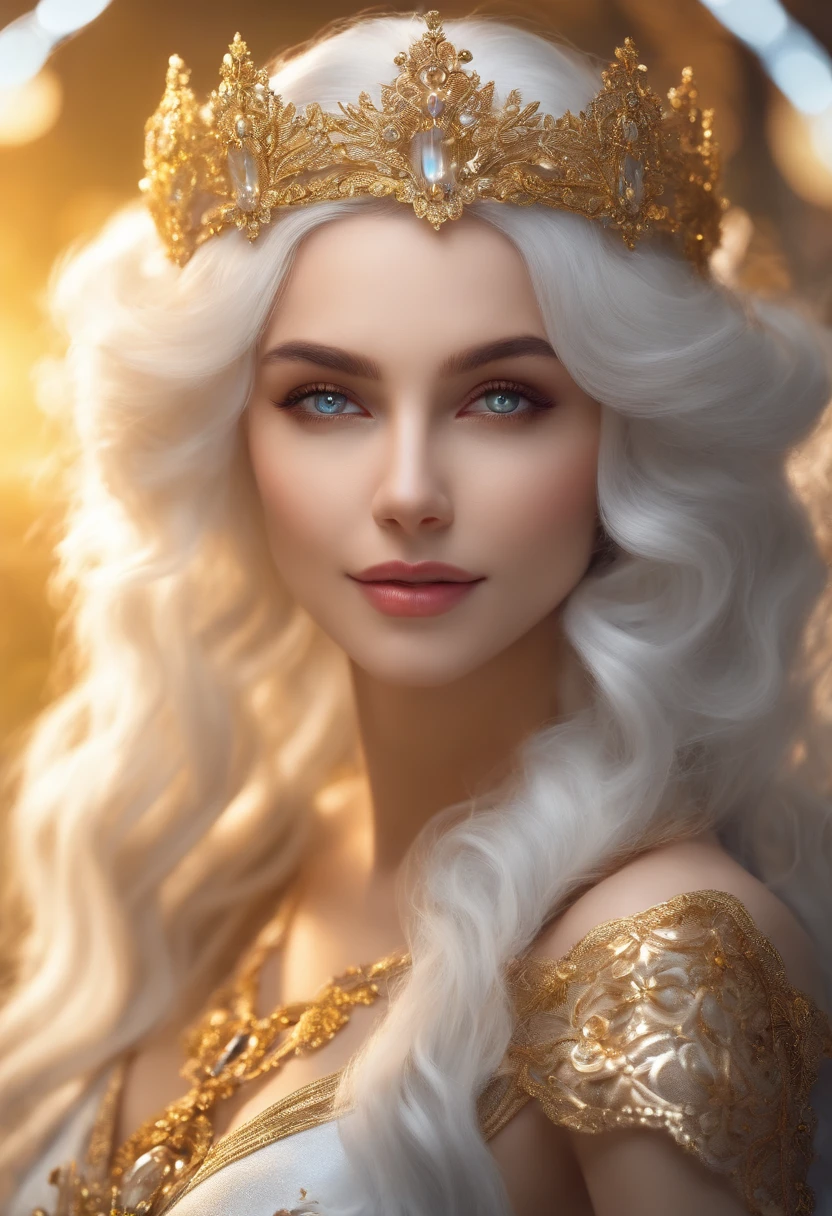 white hair, halo, glowing eyes, yellow eyes, happy, sparkle, rococo style, UHD