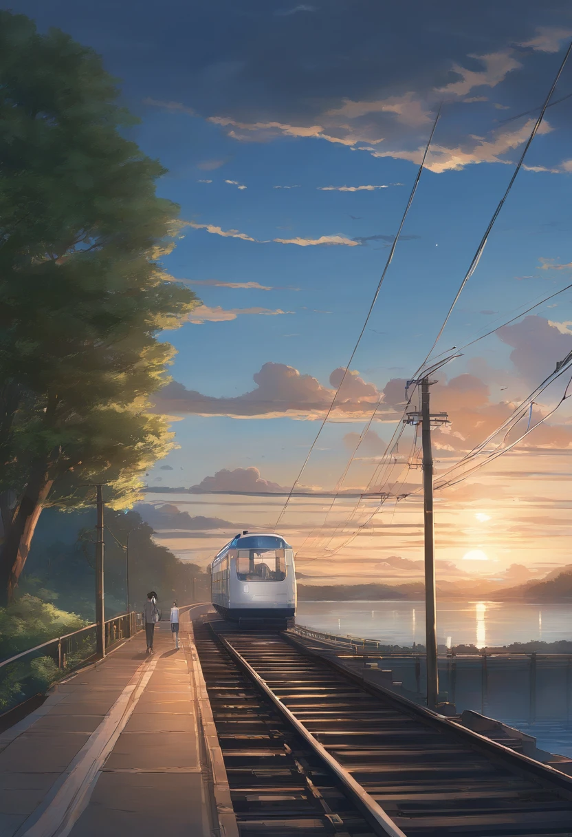 High-quality masterpieces, Landscapes, Clouds, Anime trains pass bodies of water on distant tracks, Bright starry sky. Traveler, Romantic lights, Pisif, concept-art, Lofi art style, Reflection. Makoto Shinkai, Raffe Art, beautiful anime scenes, Anime landscapes, Detailed view — width 672, Makoto Shinkai's style, Makoto Shinkai's style, Enhanced detail.