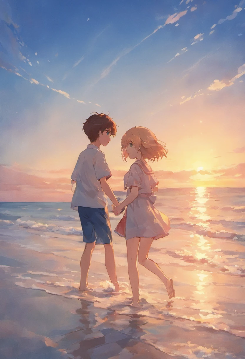 SENSE OF CINEMA,Beautiful evening seaside,Two small babies rushed out to sea from the beach,Silvery-white waves lapping against the beach,setting sun