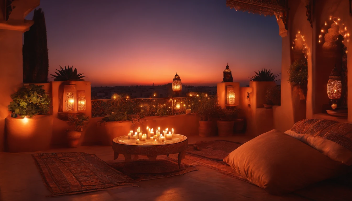 hyper realistic photo, ultra detailed photograph of a beautiful Moroccan rooftop, Amazigh pillows, photorealistic, riad rooftop, Marrakech view, stunning sunset, iridescent, hyperrealism, moroccan lamps, sexy, Ultra photoreal, Intricate details, Ultra detailed, elegant photorealistic, great high details, hyper real photo, 8k, extreme quality, roses, exotic, glimmering lights, magical, romantic