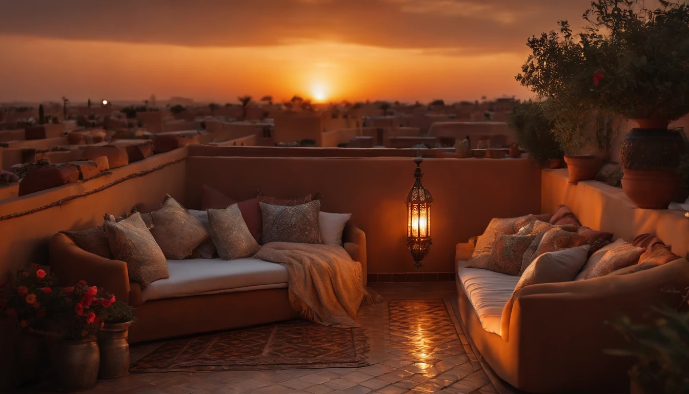 hyper realistic photo, ultra detailed photograph of a beautiful Moroccan rooftop, Amazigh pillows, photorealistic, riad rooftop, Marrakech view, stunning sunset, iridescent, hyperrealism, moroccan lamps, sexy, Ultra photoreal, Intricate details, Ultra detailed, elegant photorealistic, great high details, hyper real photo, 8k, extreme quality, roses, exotic, glimmering lights, magical, romantic