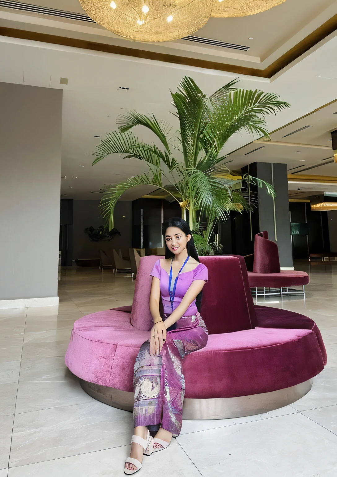 araffe sitting on a pink couch in a hotel lobby, wearing an elegant tribal outfit, with beautiful exotic, sitting in a lounge, high quality image, wearing an ornate outfit, beautiful image, shot with sony alpha 1 camera, smooth in _ the background, in a hotel hallway, traditional dress, taken in 2 0 2 0, taken with sony alpha 9