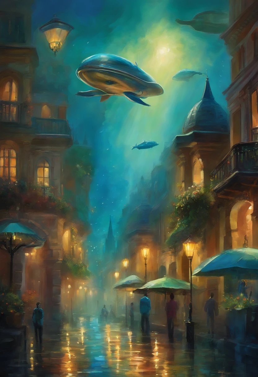 /imagine prompt: An awe-inspiring city, the realm of Atlantis, with its futuristic fish-like inhabitants, soaring above the sea level. This scene is captured in a vivid watercolor painting, reminiscent of the dreamy works of Leonid Afremov, drenched in ethereal colors. The city's citizens, technologically advanced and adorned in futuristic attire, traverse the skies in their flying vehicles. The palette embraces cool blues and greens, mirroring the depths of the ocean, while warm accents add a touch of otherworldly luminescence. The characters display a sense of wonder and curiosity, their expressions hinting at the marvels of their underwater origins. The lighting casts a gentle glow, illuminating the scene with a magical aura. --v 5 --stylize 1000
