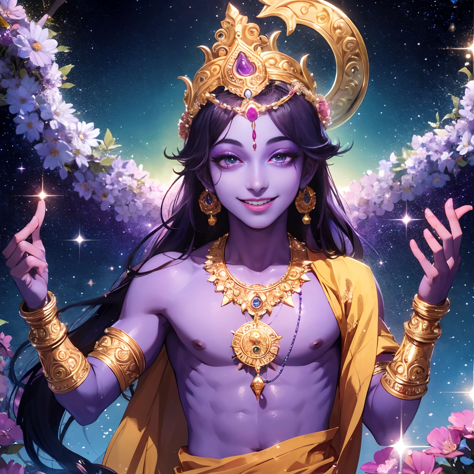 Krishna , loving man , beautiful glitter eyes , purple skin tone , smiling , divine nature