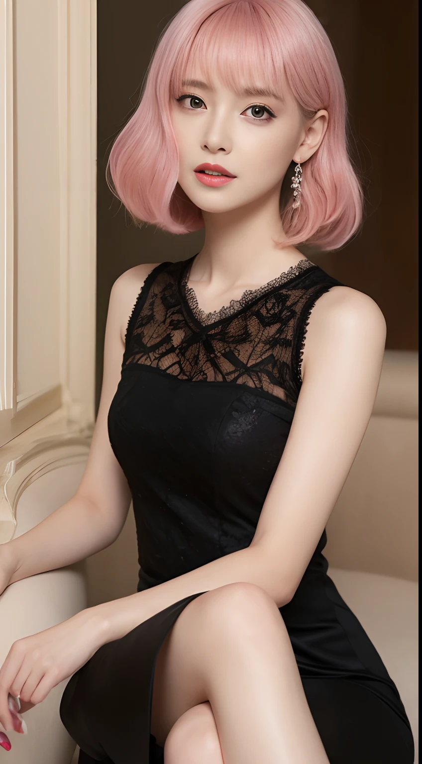 ((An ultra-high picture quality、top-quality、8k picture、masterpiece:1.3))、Crisp focus:1.2、Beautiful woman with perfect body shape:1.4、The most beautiful face、Super Slender、abdominals:1.2、((pinkhair、short-cut、Beautiful and big breasts:1.2、tchibi、)Best pink hair、)、Perfect pink hair、Perfect short hair、a wet body:1.5、Very delicate skin texture、A detailed eye、二重まぶた、German、35 year old、German beauty at 35 years old、Perfect five-finger、Delicate and perfect hands、perfect arms、perfect leg、perfect foot、night city background、Inside a luxury cabaret、perfect eyes、Perfect makeup、red-lips、A slight smil、open the legs widely、Delicate hair、skinny body、Ganimata leg opening、Hands behind the body、bich、high quality make up、Gorgeous and elegant hairstyles、Bewitching face、Best Makeup、The sexiest and cutest beauty in the world、Best Hair Styling、Stylish hair and makeup、The cutest in the world、(Gorgeous and classy finest lace black dress、)Black dress with the finest lace、Black and red dress、Luxurious lace black dress、Wear hair ornaments、Gorgeous Lace Dresses、Simple piercing、Glamorous atmosphere、Wear high-heeled shoes、Wear a luxurious necklace、Short stature、tchibi、Infant face、Wearing the most glittering luxury bracelet、Wearing a diamond anklet、Gentle face、Perfect young face、Innocence、Overall dark、Full Lolita Face、a baby face、Sexy Cabaret Cast、Sexy face、Sexy little girl、Chic and classy dresses、Everything is very beautiful、Lace luxury panties look perfect、Finest Long Dresses、Interior background of the cabaret、Luxury Pearl Necklace、Thin thin eyebrows、Young German 35 years old、fair white skin、Glaring eyes、angry looking face、