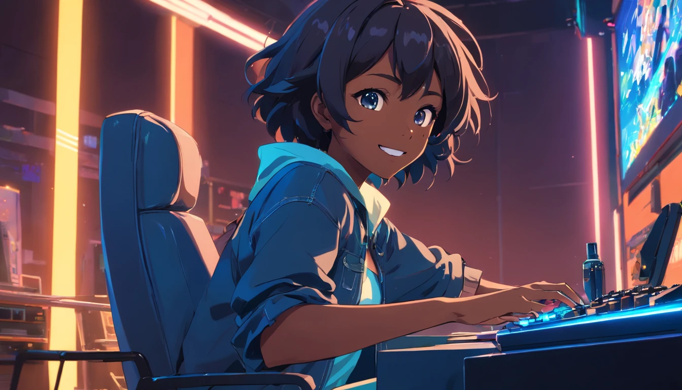 (best quality,8k),(confident,cool,extremely cool:d),smiling black anime character with black afro hair,brown eyes,wearing black drip suit and blue jeans,sitting on gaming chair,playing video games on a gaming computer in a neon blue game room. The artwork is in anime style.