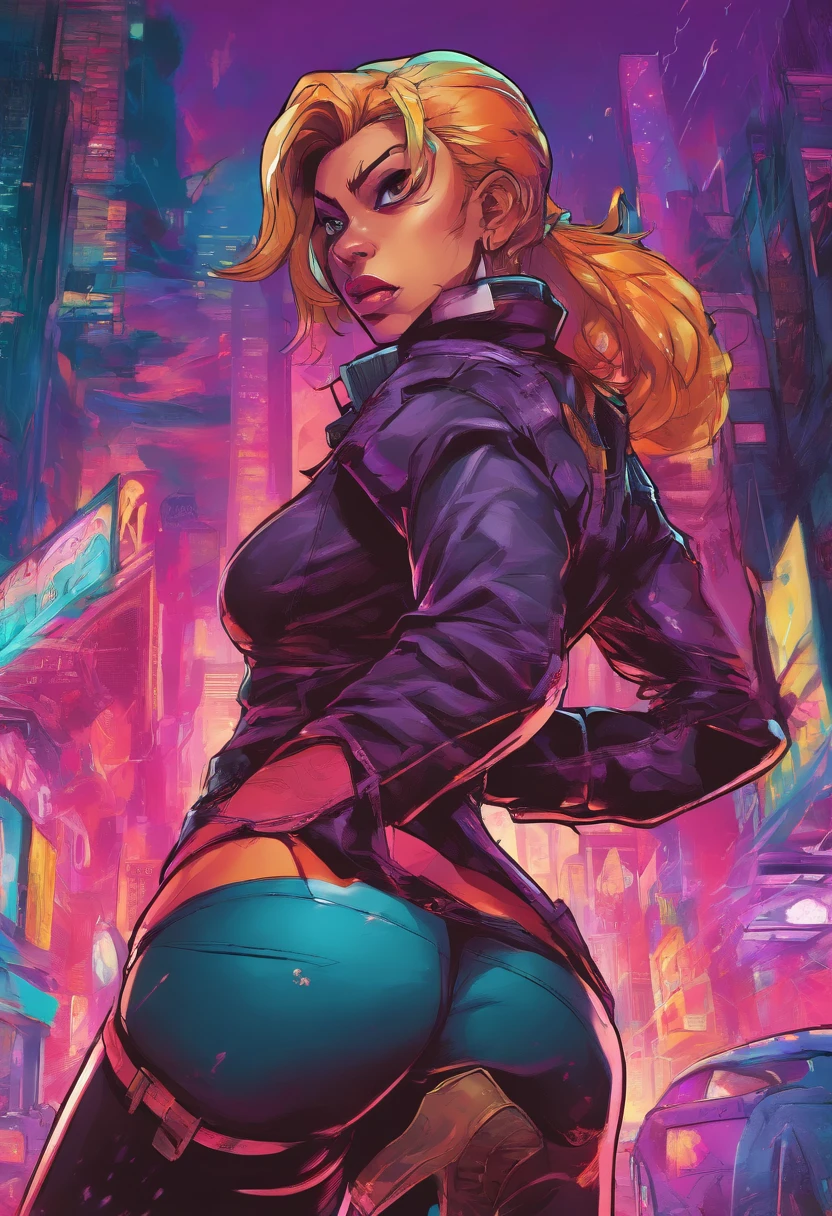 Ass, , bubble butt, bouncy ass, (back ass view:1.4),(Intense Colors:1.5),Close up, Game cover art, 4K, incredible art, Best quality, gigantic breast,masterpiece, (Milf:1.2),(curvy:1.3),(erected tits:1.4), (juicy cameltoe:1.3),30yo,large boobs, (masterpiece), (realistic), (best quality), (ultra-detailed), amazing,A female cyborg detective in a dystopian future, dressed in a leather trench coat, with a cybernetic eye and a gun in her holster, surrounded by a neon-lit cityscape in the background.