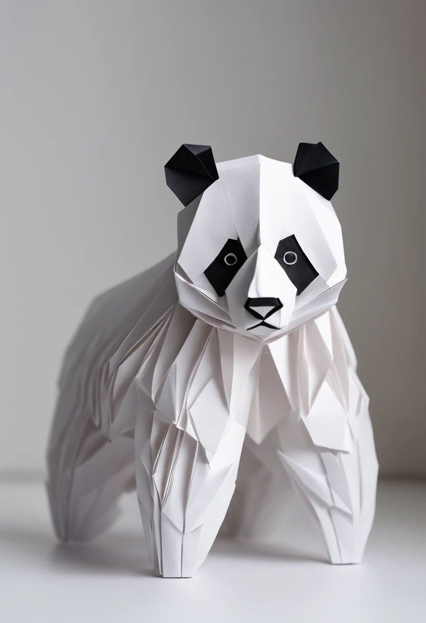 panda origami, paper folding, detailed origami folds, intricate details, intricate folds, black and white, folded paper, precise folds, delicate paper art, origami masterpiece, fine craftsmanship, panda-themed origami, lifelike panda folds, realistic panda sculpture, 3D paper art, delicate panda features, origami animal, panda-shaped paper, beautifully crafted folds, panda artwork, exquisite origami work, precise paper manipulation, artistic paper sculpture, intricate paper design, detailed panda origami, panda paper craft, art of folding paper, panda-inspired origami