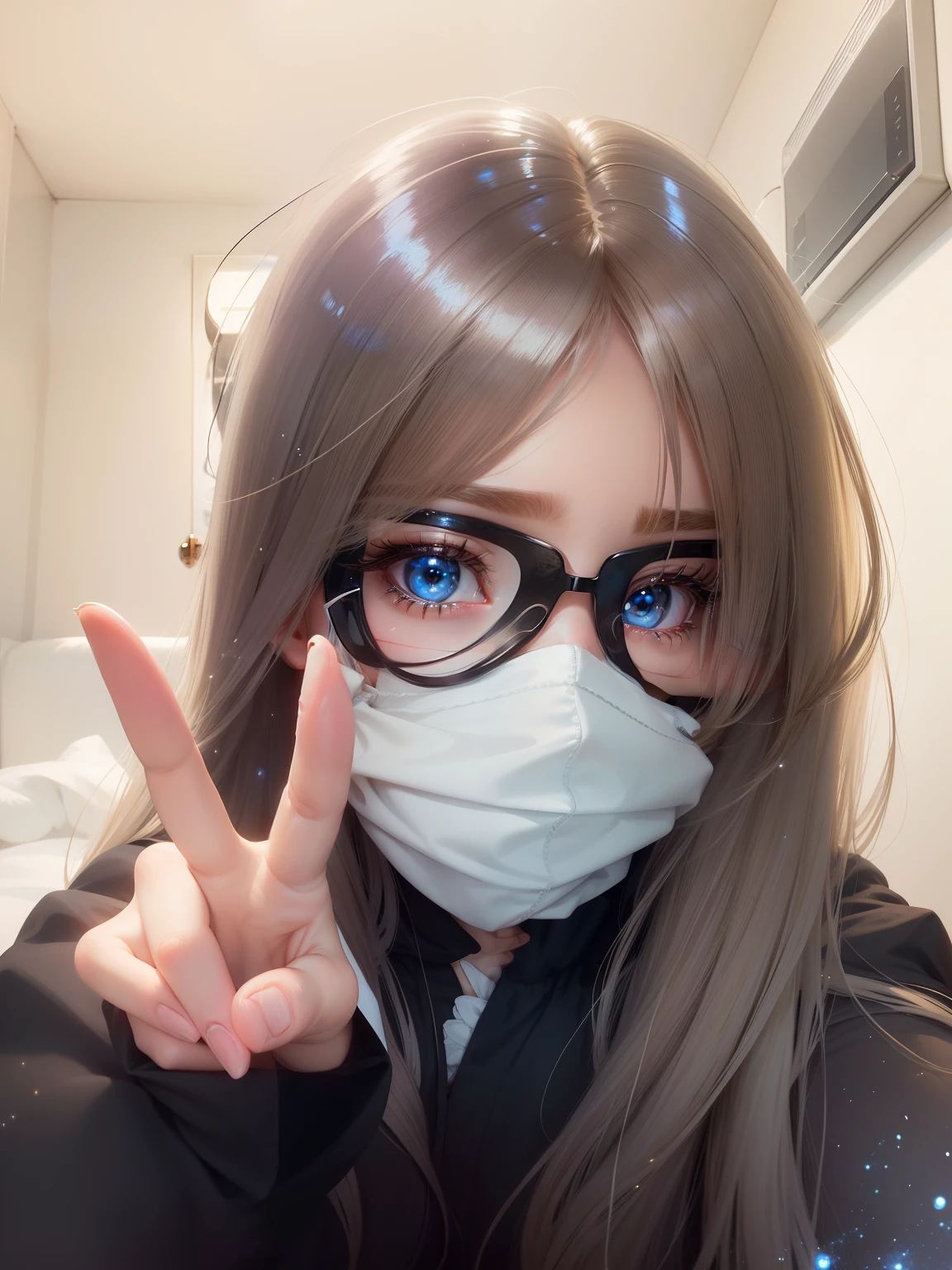 young and shiny white shiny skin、Cheek highlights、Best Looks、Crystal clear blonde hair,Shining highlights、Shiny light hair,、Super long silky straight hair、Beautiful bangs that shine、Big blue eyes like sparkling jewelry、Very nice cute cute cute girl finger anime style bie pose