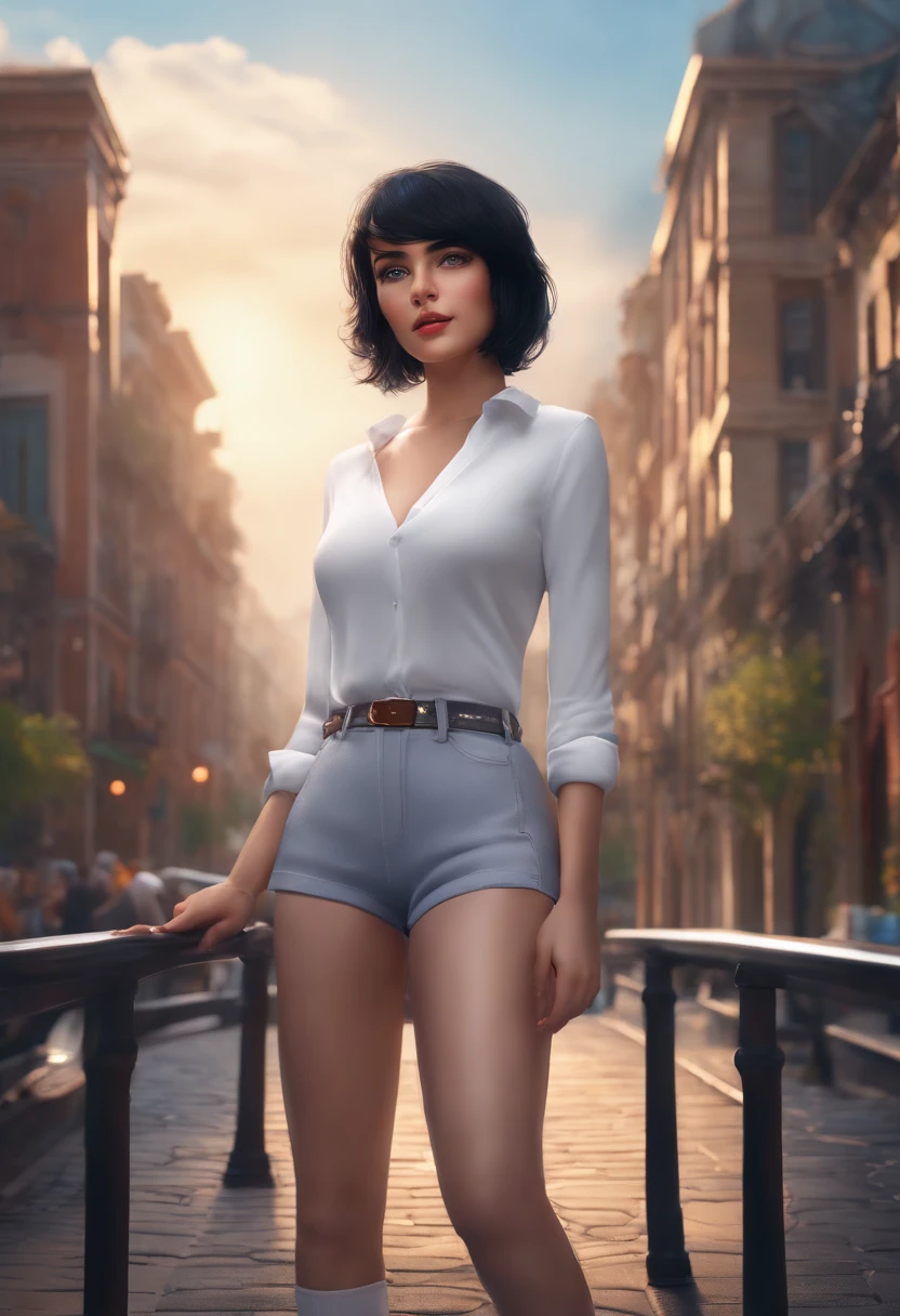 1girl, short black hair, blue eyes, wearing plain white shirt, lycra, shorts, city, absurdres, high res, ultrasharp, 8K, masterpiece, looking at viewer