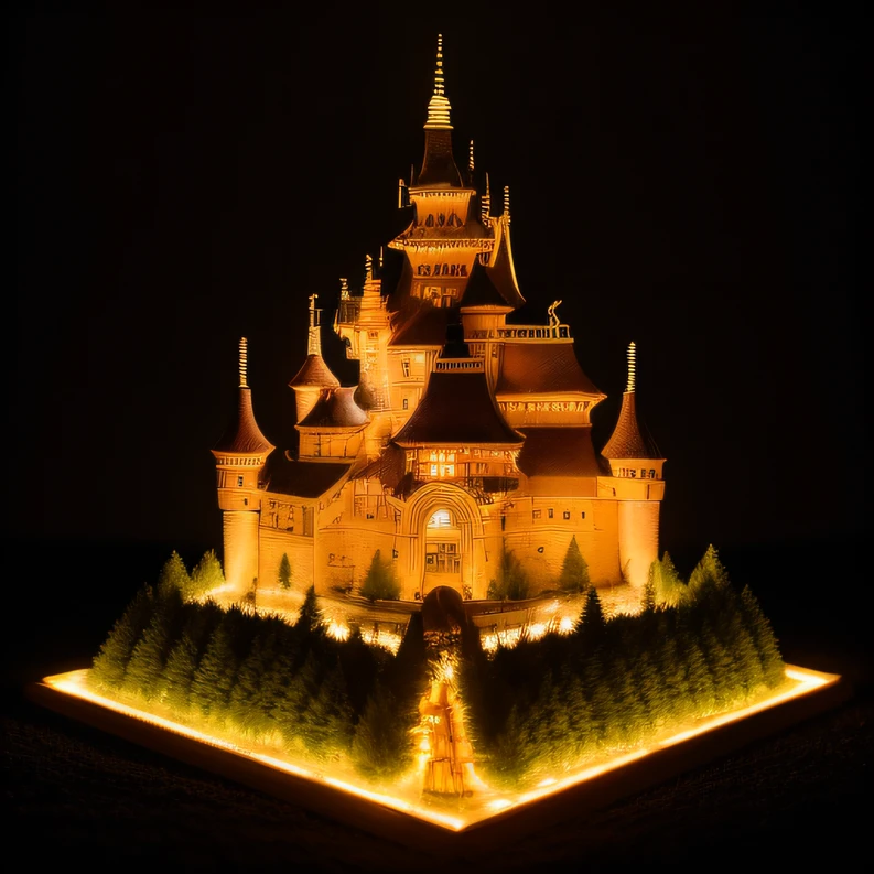 In heavy rain,((A huge castle complex of ancient square-topped stones burning in the fire))The picture quality is excellent,Lightning,Yellow light fog,电影灯光,Natural, realistic colors,Full composition,The style refers to Van Gogh,Subject content,Burning wooden ancient domed stone giant castle game scene 1:60 miniatures,Lightning and lightning
