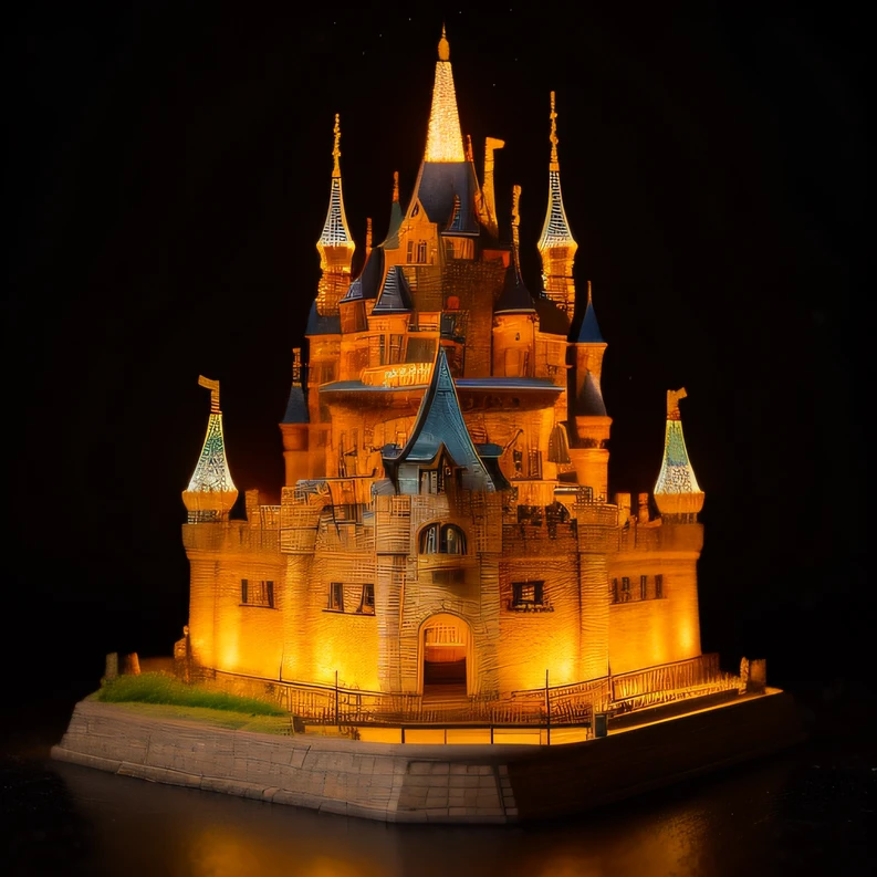 In heavy rain,((A huge castle complex of ancient square-topped stones burning in the fire))The picture quality is excellent,Lightning,Yellow light fog,电影灯光,Natural, realistic colors,Full composition,The style refers to Van Gogh,Subject content,Burning wooden ancient domed stone giant castle game scene 1:60 miniatures,Lightning and lightning