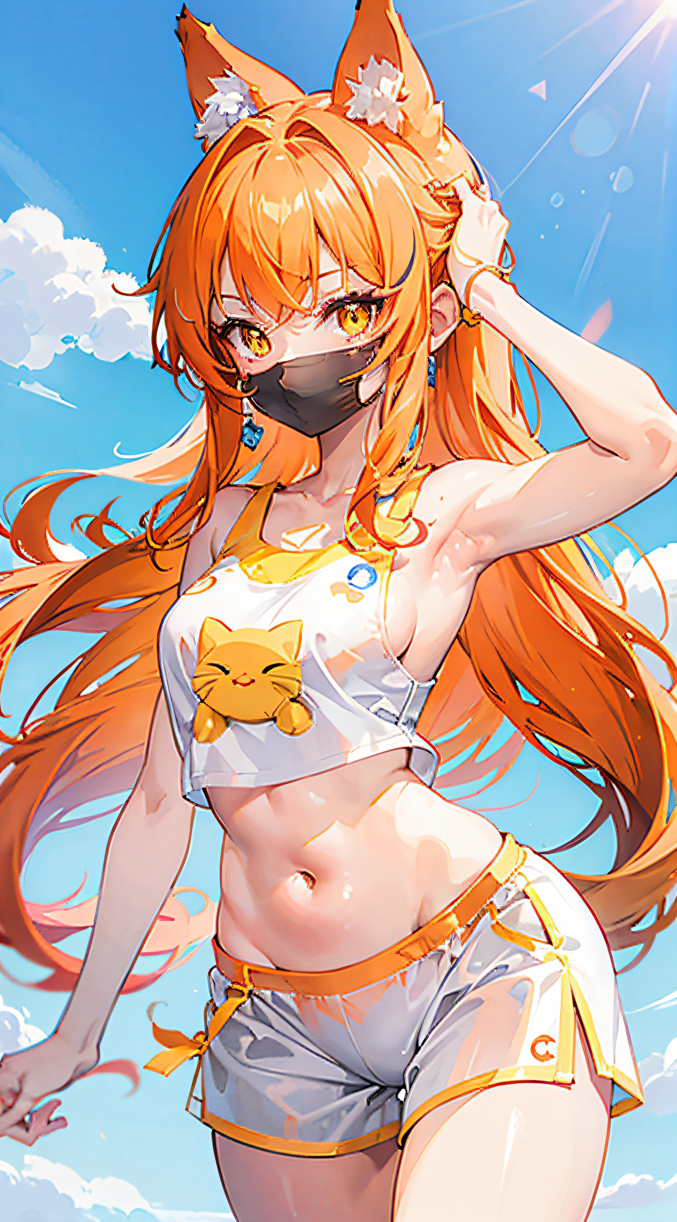 Una chica de anime, orejas de gato peludo naranja, pelo naranja peludo largo suave, linda cara sonriente, yellow eyes, blue sleeveless shirt, brazos al desnudo, white shorts, piernas al desnudo, white sneakers, mole left side of mouth, red ribbon on the left arm, Dynamic standing posture, imagen a cuerpo completo