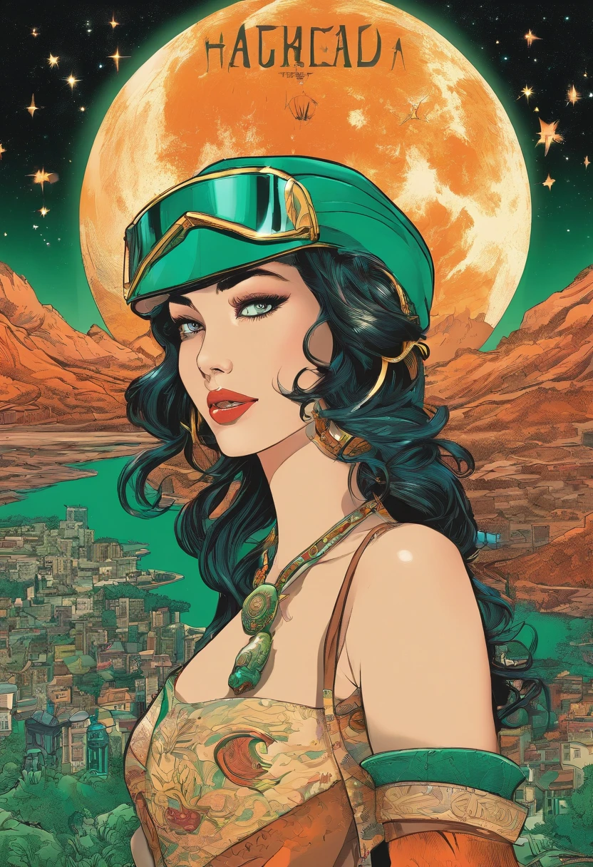 (Masterpiece), (Best quality), (best detail), (Distant general view), (Paper with worn edges),(The main color of the illustration: Emerald green), (Secondary color: Cinnamon), A group of very beautiful schoolgirls in sexy poses, Very detailed face, Vintage advertising poster with futuristic lettering 60', Western futuristic scenery, Night (Many stars, Moon), Shading (Detailed, large contrast)