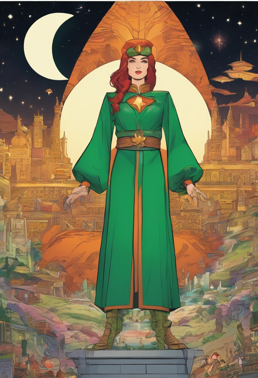 (Masterpiece), (Best quality), (best detail), (Distant general view), (Paper with worn edges),(The main color of the illustration: Emerald green), (Secondary color: Cinnamon), A group of very beautiful schoolgirls in sexy poses, Very detailed face, Vintage advertising poster with futuristic lettering 60', Western futuristic scenery, Night (Many stars, Moon), Shading (Detailed, large contrast)