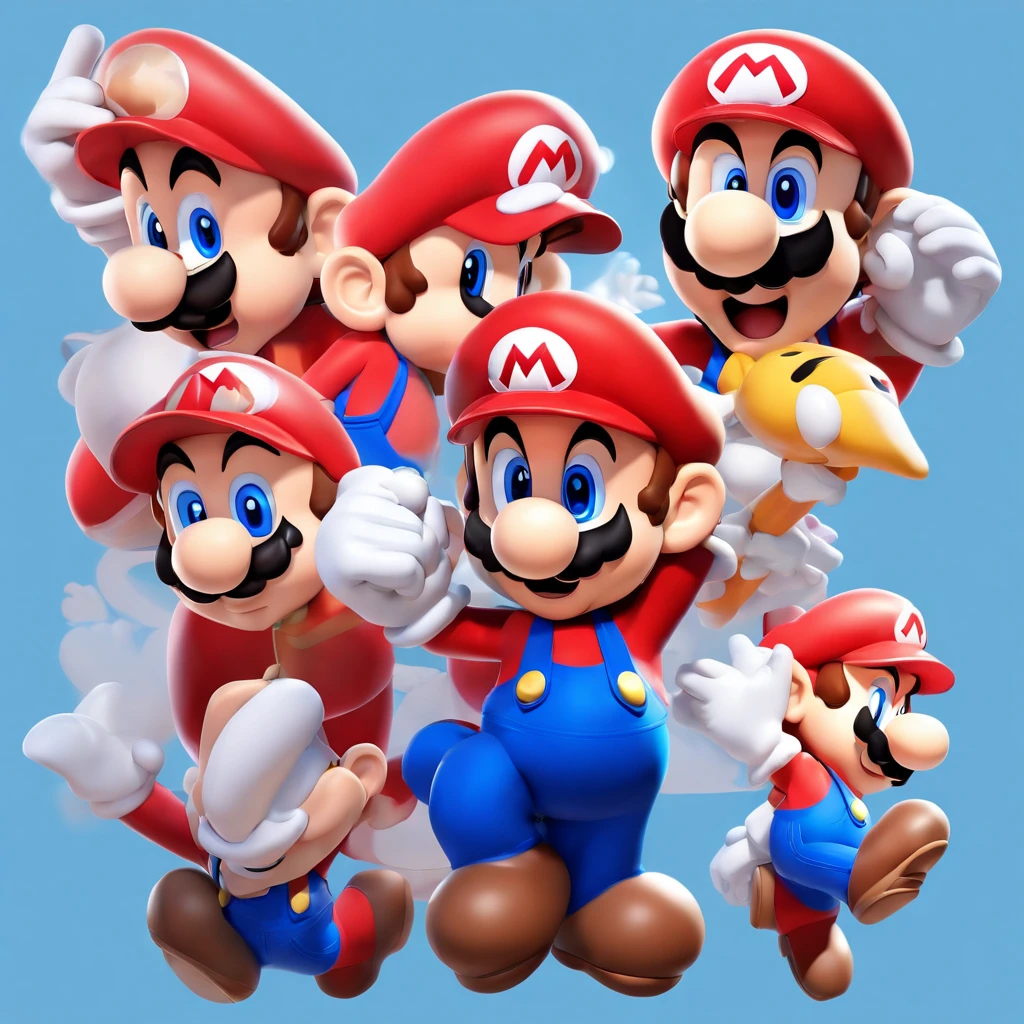 (mario), Character design, Nintendo Super Mario, (Blue eyes, Red Hat, Red suit, Blue suspenders, White gloves, )Super cute blind box style, tchibi, full bodyesbian, exaggerated expressions and movements, Clean background, bright iridescent highlights, Studio lighting, Atmospheric lighting, The texture is delicate, High detail, high resolution, C4D, 。.3D, blender, 8K, Best quality, hyper HD