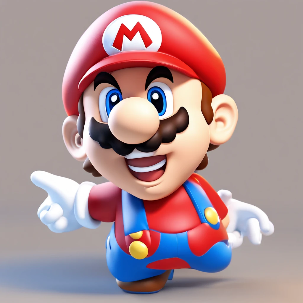 (mario), Character design, Nintendo Super Mario, (Blue eyes, Red Hat, Red suit, Blue suspenders, White gloves, )Super cute blind box style, tchibi, full bodyesbian, exaggerated expressions and movements, Clean background, bright iridescent highlights, Studio lighting, Atmospheric lighting, The texture is delicate, High detail, high resolution, C4D, 。.3D, blender, 8K, Best quality, hyper HD