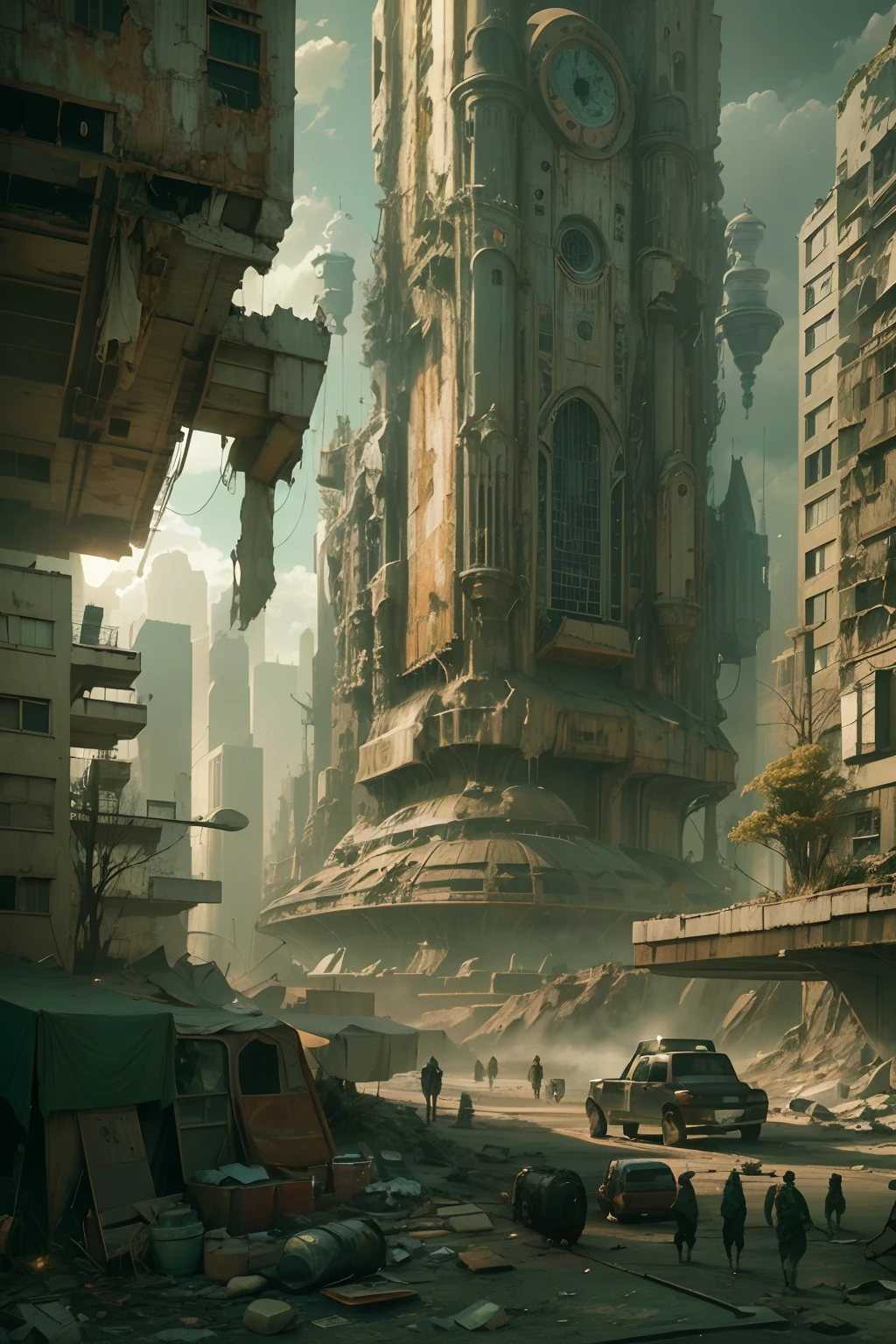 Technologically advanced and highly detailed ancient aliens in a post-apocalyptic cityscape.