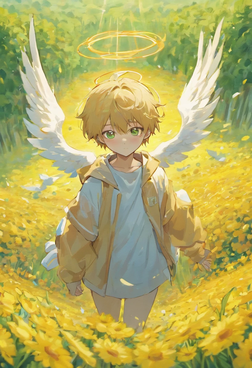 Anime boy with white wings and halo in a flower field "'Guvez style artwork, Guweiz in Pixiv ArtStation