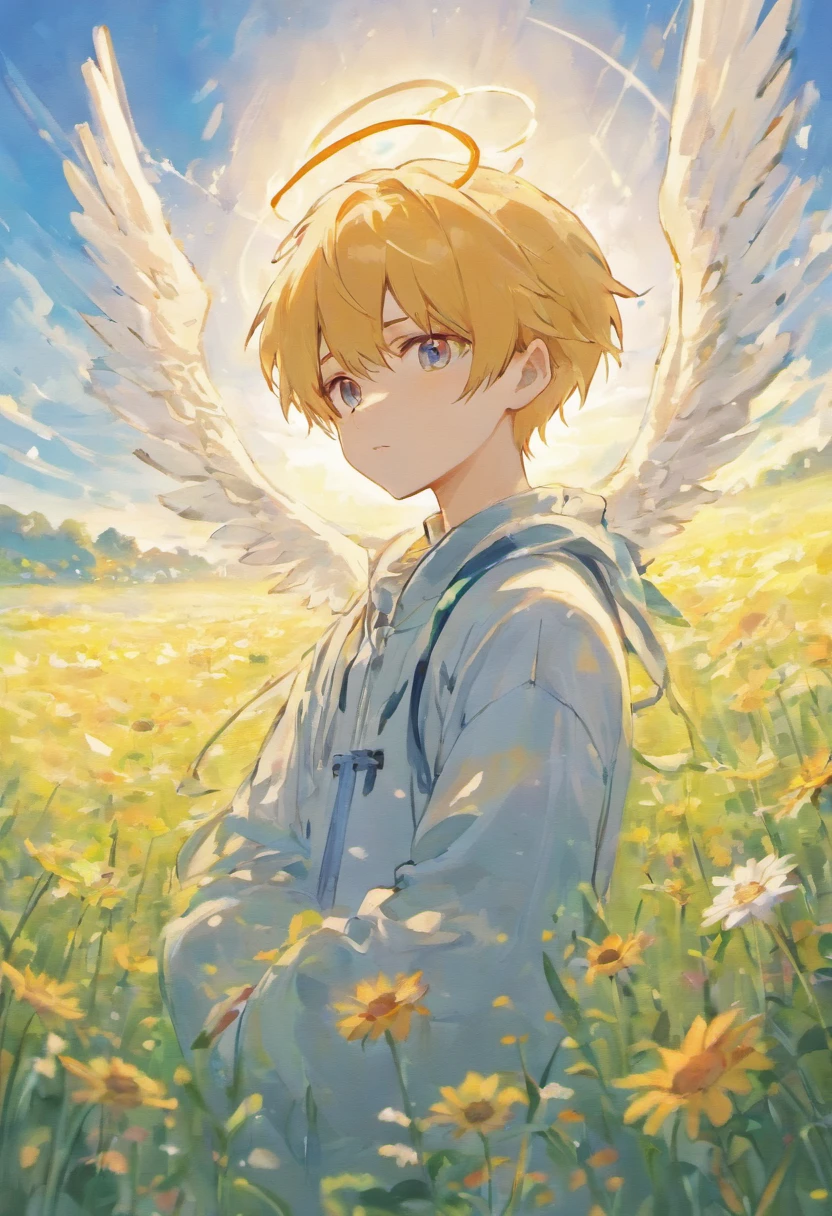 Anime boy with white wings and halo in a flower field "'Guvez style artwork, Guweiz in Pixiv ArtStation