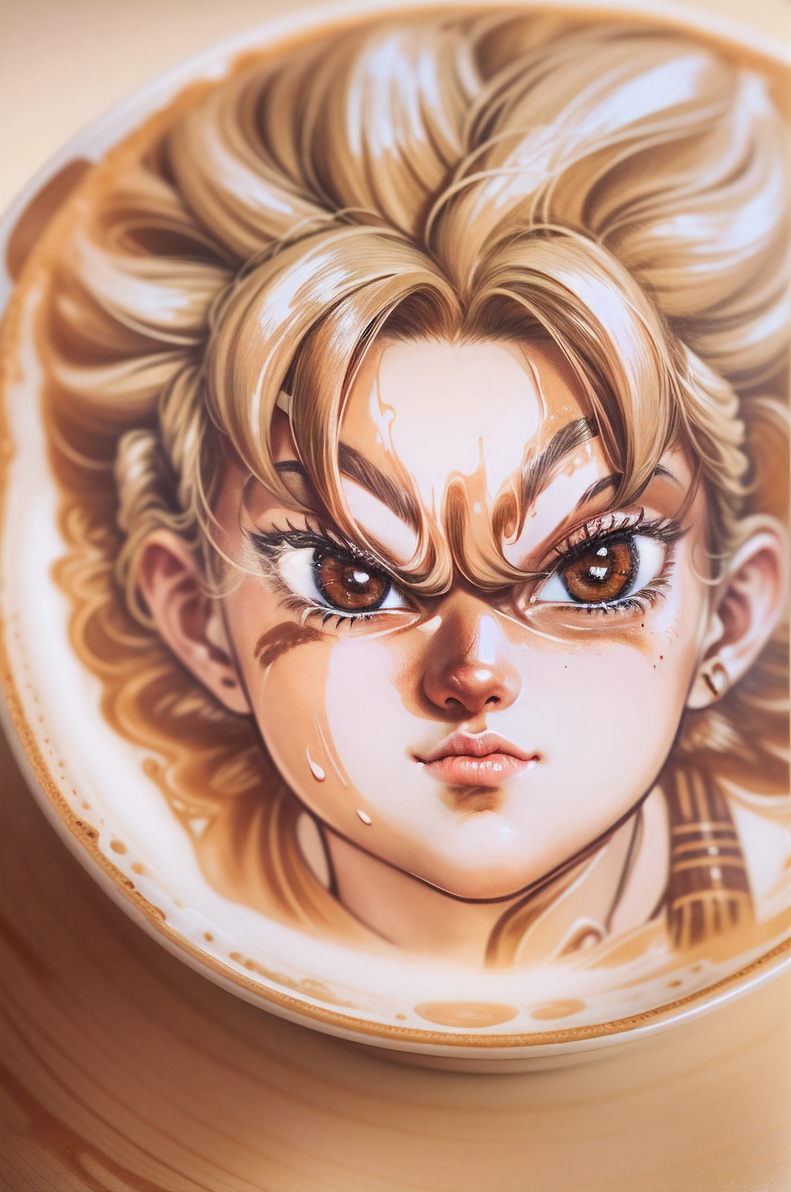 a cup of latte coffee, latte is drawn highly detailed portrait of goku ((latte art was shown inside the cup))