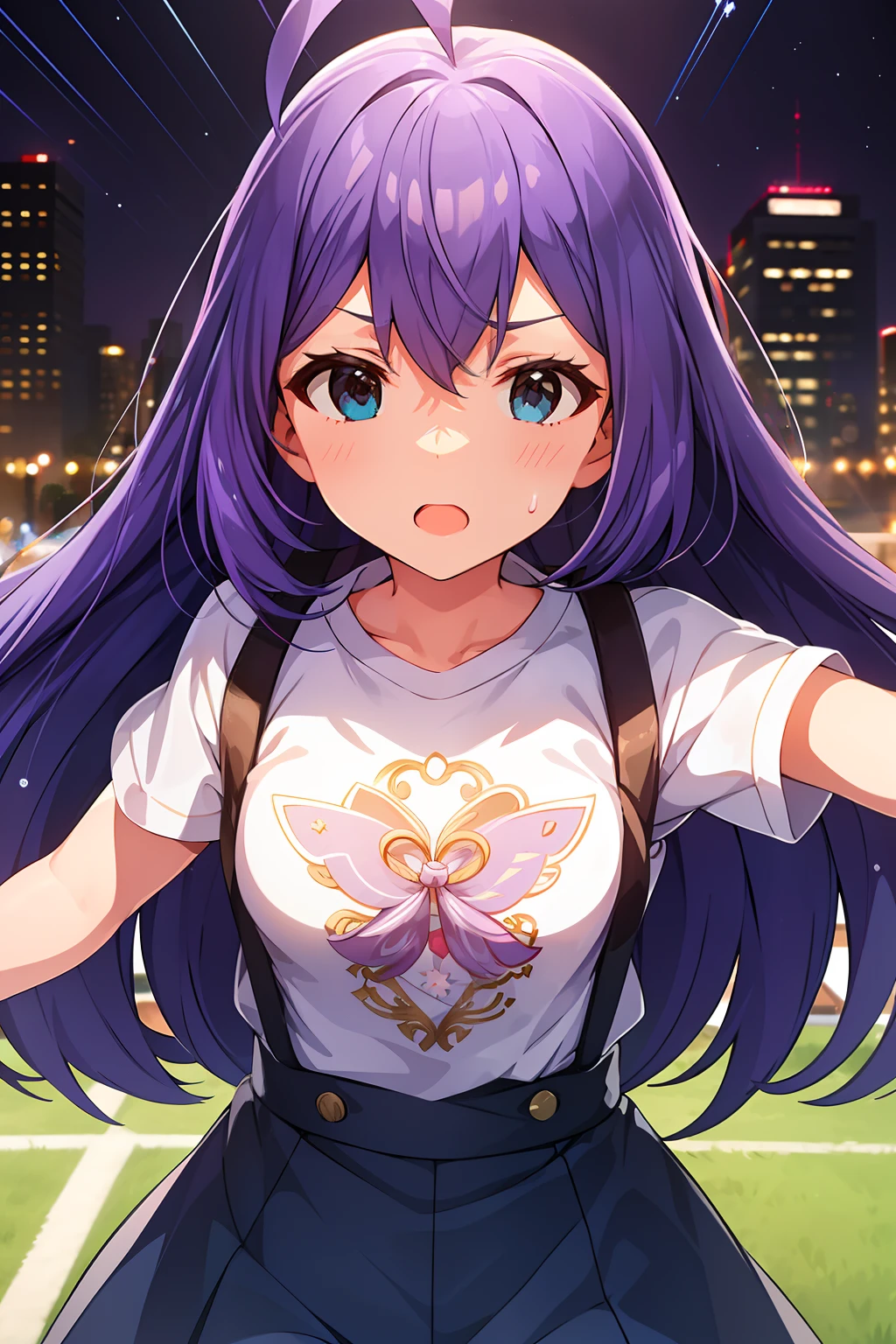 {{{{{mochizuki anna}}}}},1girl,solo,long hair,purple hair,small_ahoge,blue eyes.short stature.white t-shirts.suspenders.skirt.(((masterpiece))).(((best quality))).((ultra-detailed))).(((illustration))).angel wing.fighting stance.night view.sweat.small Breasts.