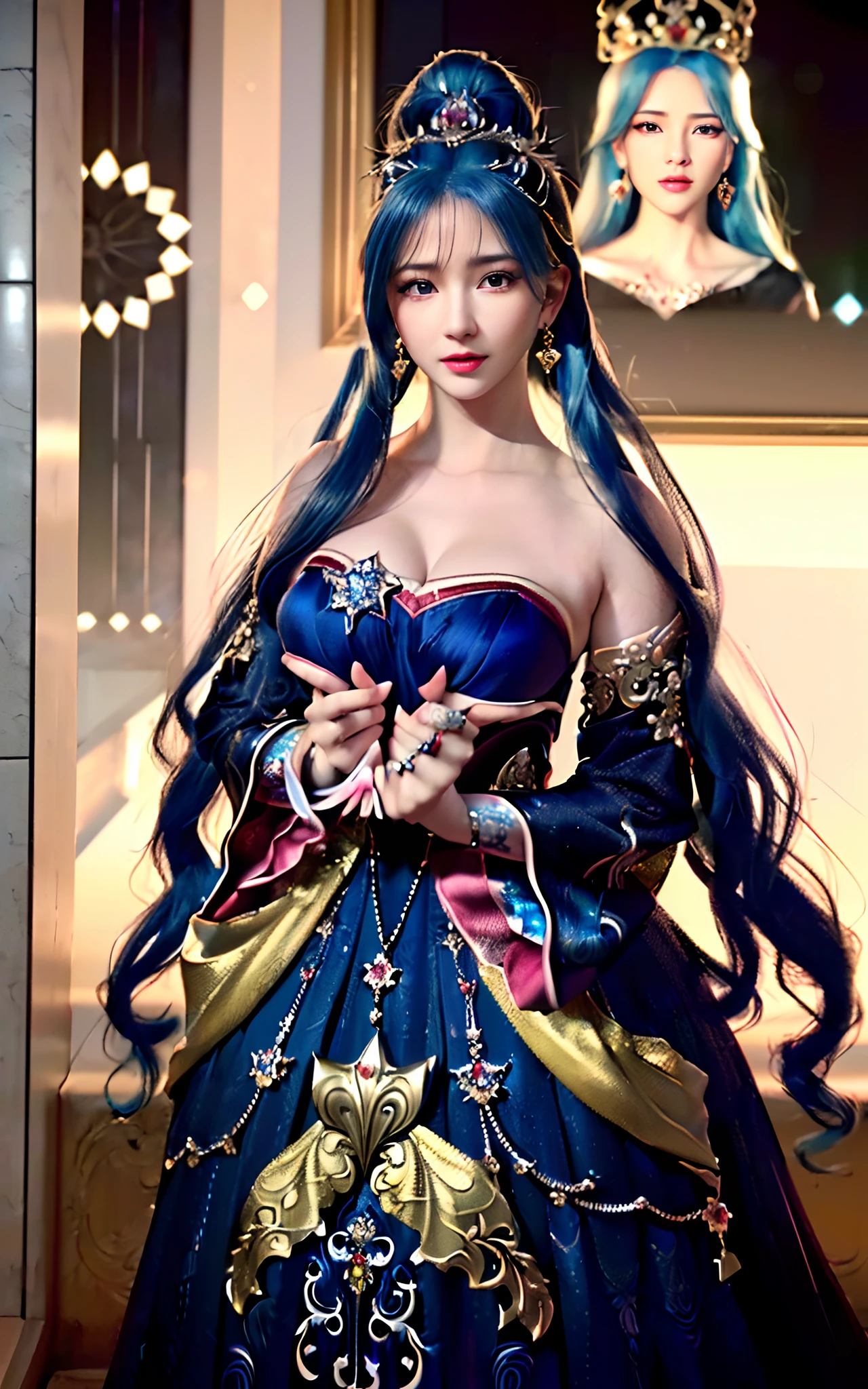 ((realisticity: 1.2)), ((realistic: 8K UHD)), ((best resolution: 8K UHD)), hyper detailed, best quality,masterpiece,highres,cg, ((1 girl hyper detailed and hyper realistic) ) , ((beautiful queen, hyper realistic and hyper detailed)),((white skin, beautiful, smooth, youthful, hyper realistic and hyper detailed )), ((Face hyper beautiful, white, hyper realistic and hyper detailed ) ), long hair, ((hyper realistic and hyper detailed dress)), solo, ((hyper realistic, hyper beautiful, beautiful and hyper detailed jewelry)), ((hyper beautiful deep red and golden yellow dress, hyper realistic and hyper detailed )) , ((Her pretty, hyper realistic, hyper detailed diamond filled earrings)), ((Her gorgeous diamond haircut, hyper realistic and hyper detailed)), ((hyper pretty upper body, hyper beautiful, hyper realistic and hyper detailed) ), ((medium breast: 1.1)), ((hyper realistic, hyper pretty, hyper detailed boobs)), ((the backgroun of the royal palace is hyper majestic, hyper realistic and hyper detailed)),((hands and palms hyper beautiful, hyper detailed, hyper realistic)), ((hyper detailed and hyper realistic fingers and fingernails)), ((hyper pretty fingernails, hyper vivid, hyper detailed, hyper realistic)), ((thumb, index finger, middle finger, ring finger, little finger hyper vivid, hyper pretty, hyper detailed, hyper realistic)), ((hyper beautiful fingers, hyper detailed, and hyper realistic)), ((posture not too fat and not too thin, hyper realistic, hyper detail)), ((hyper pretty, hyper pretty, hyper realistic and hyper detailed hair bun)), ((hyper pretty , hyper realistic and hyper detailed blue hair)), candid, Photo, high resolution, 8k , bokeh,