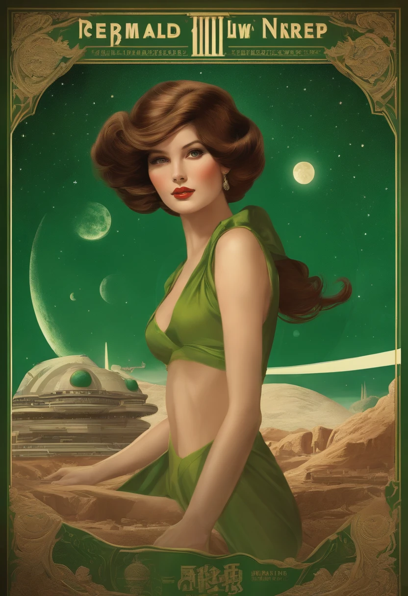 (Masterpiece), (Best quality), (best detail), (Distant general view), (Paper with worn edges),(The main color of the illustration: Emerald green), (Secondary color: Cinnamon), A group of very beautiful schoolgirls in sexy poses, Very detailed face, Vintage advertising poster with futuristic lettering 60', Western futuristic scenery, Night (Many stars, Moon), Shading (Detailed, large contrast)